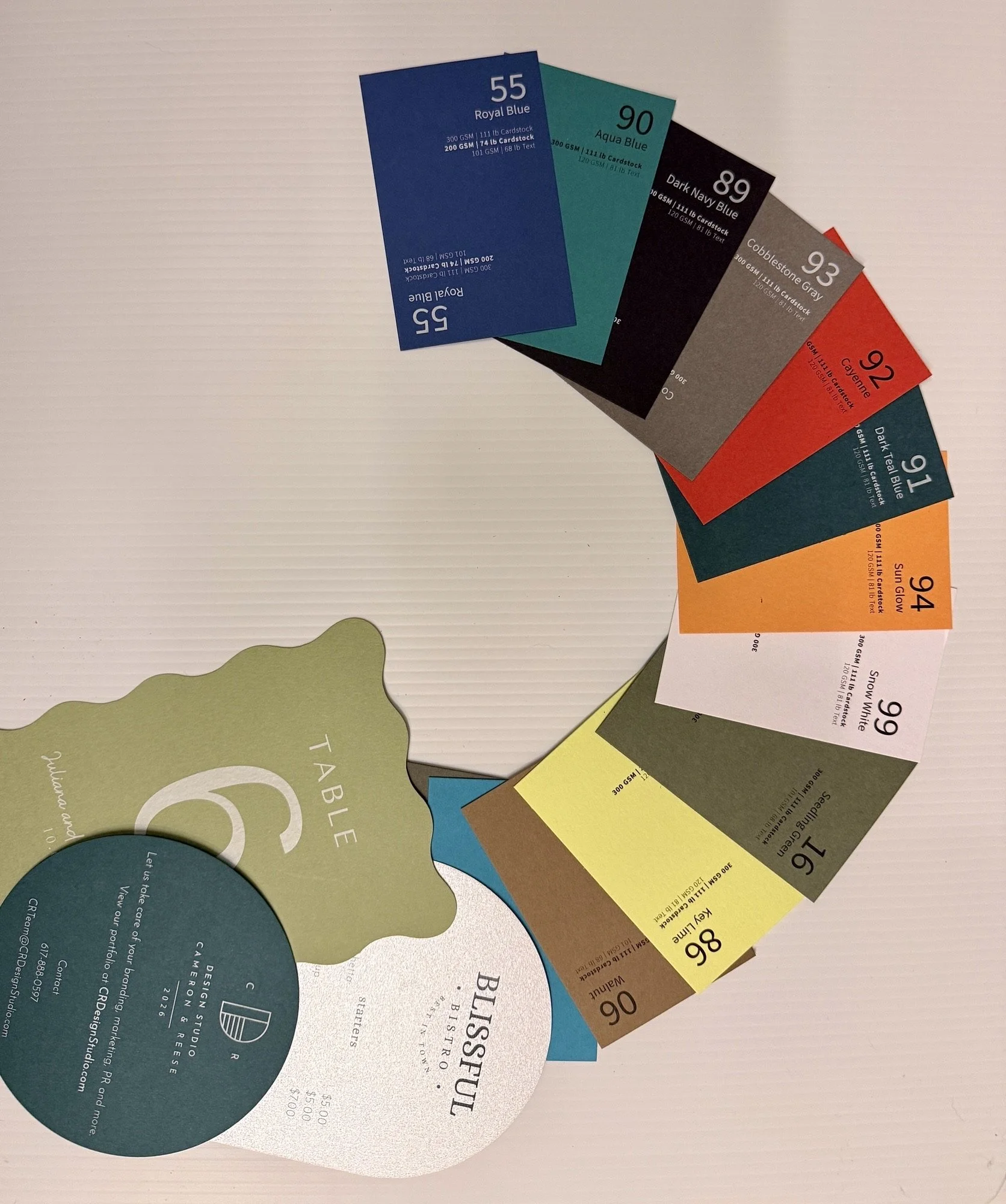 Premium cardstock color swatches for luxury print and design. Invitations, save the date, stationery.