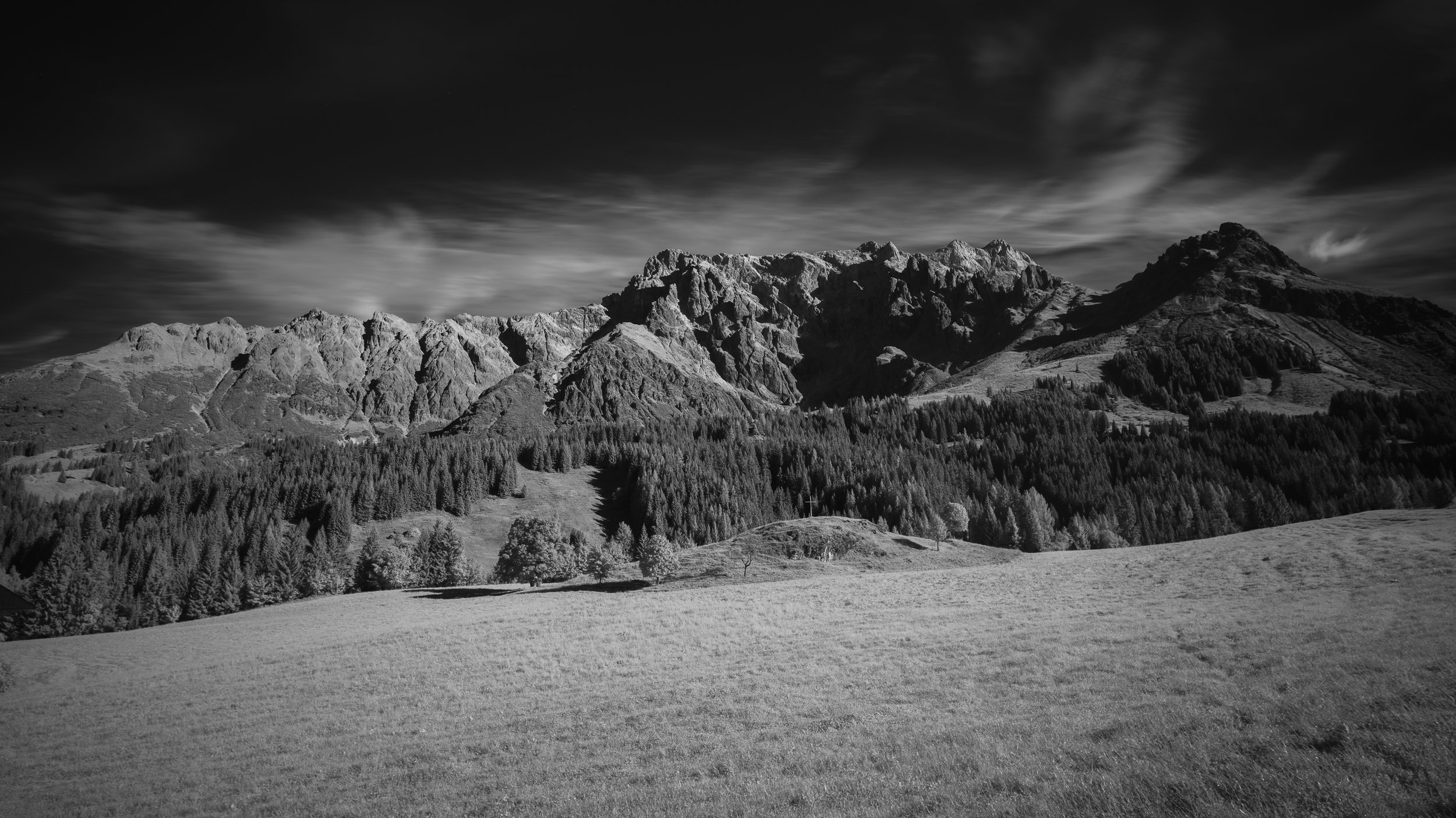 Schwarz-weiß-Foto von Berggipfeln in den Bergen mit Wald im Vordergrund und bewölktem Himmel.
