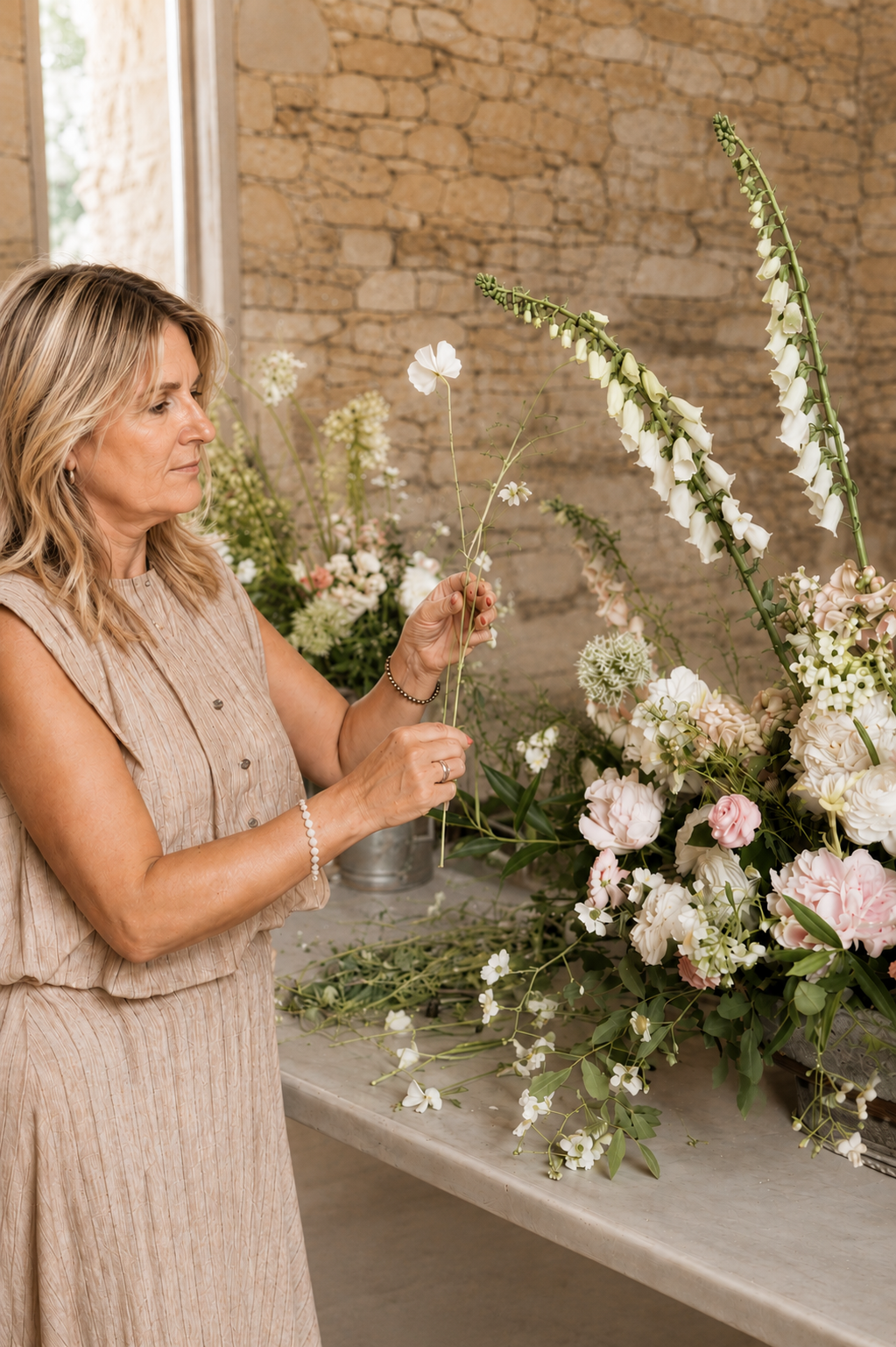 A woman arranging a floral bouquet with white and pink flowers, in a rustic setting.