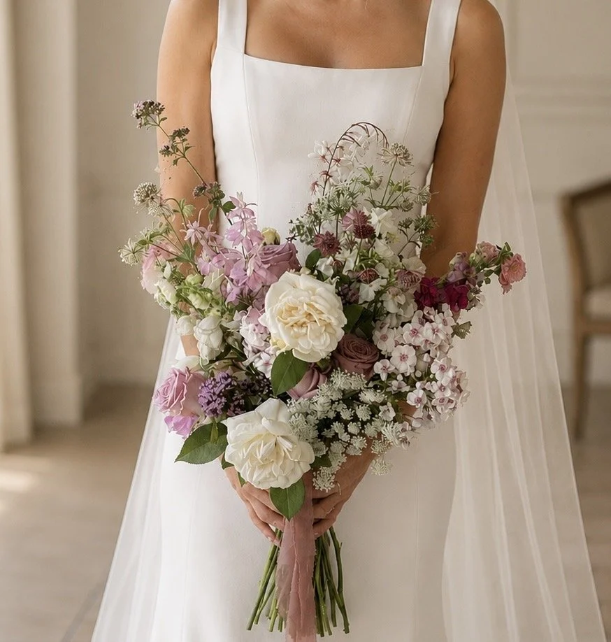 A bride in a white dress holding a wedding  bouquet of seasonal garden inspired flowers pink, including cosmos, roses, snapdragons. Romantic flowers. Wedding florist.