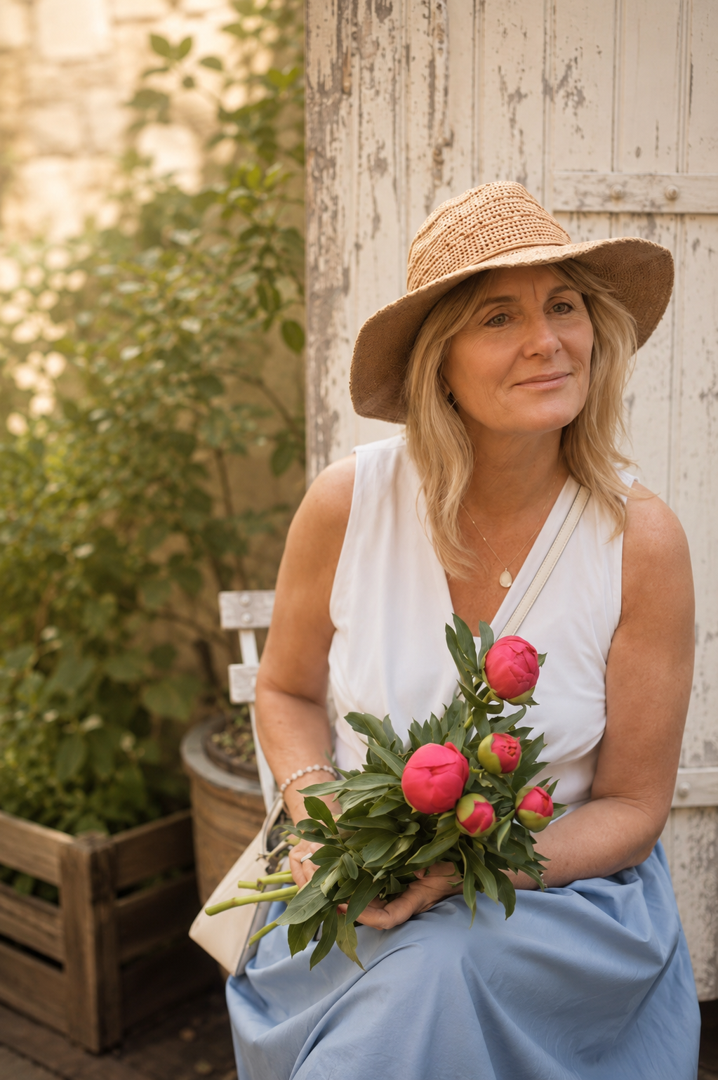 A woman in a straw hat and white sleeveless top sitting outdoors, holding a bouquet of pink peonies, with a rustic white wooden door and greenery in the background.
