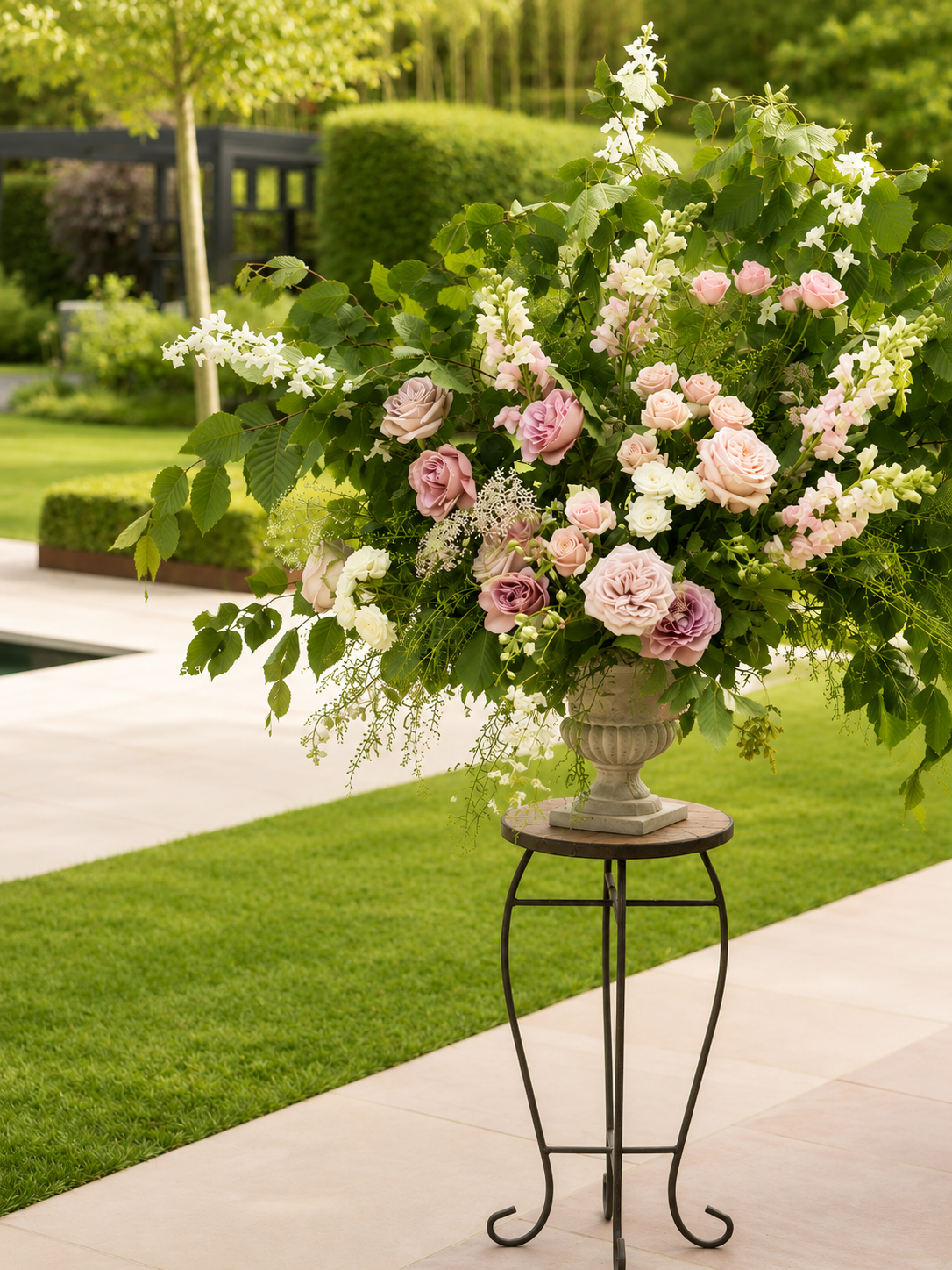 A large floral arrangement with pink, purple, and white roses, and various greenery in a white urn on a black metal stand, outdoors on a patio with a green lawn and garden in the background.
