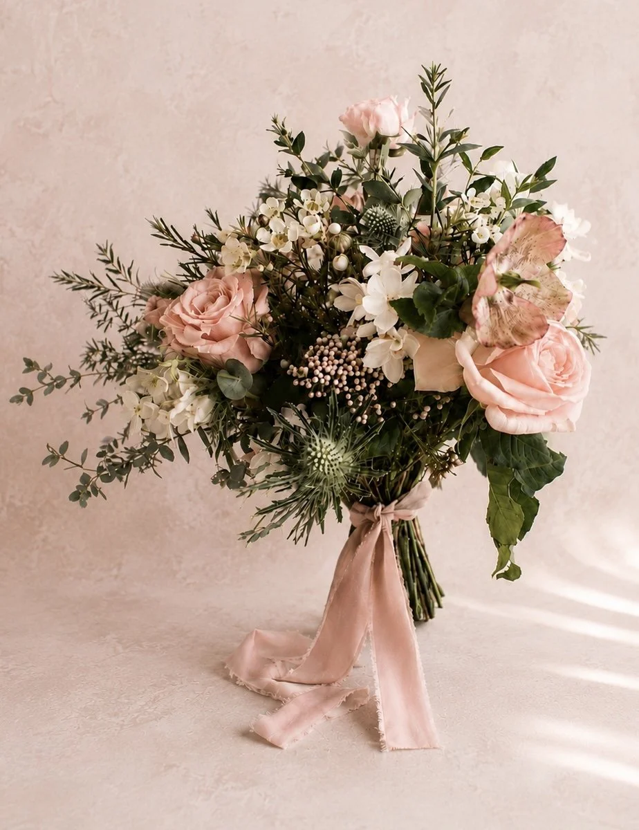 A bouquet of pink roses, white flowers, and greenery tied with a pink ribbon.