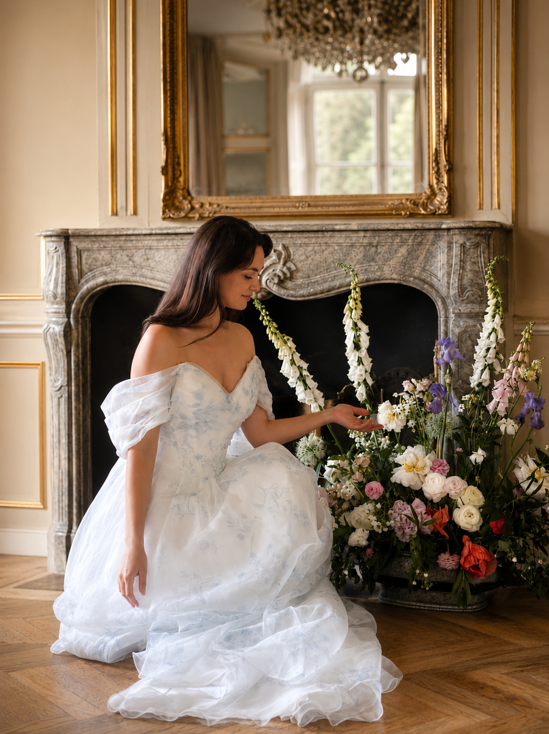 A woman in a white wedding dress with puffed sleeves kneels by a large floral arrangement in a room with a fireplace and a large mirror. She is looking at the flowers and touching them gently.