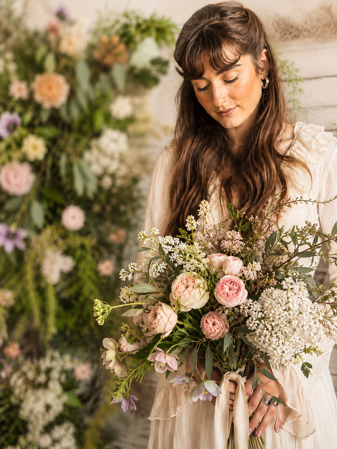 A woman with long brown hair holding a bouquet of pink and white flowers in a softly lit room with more floral arrangements.