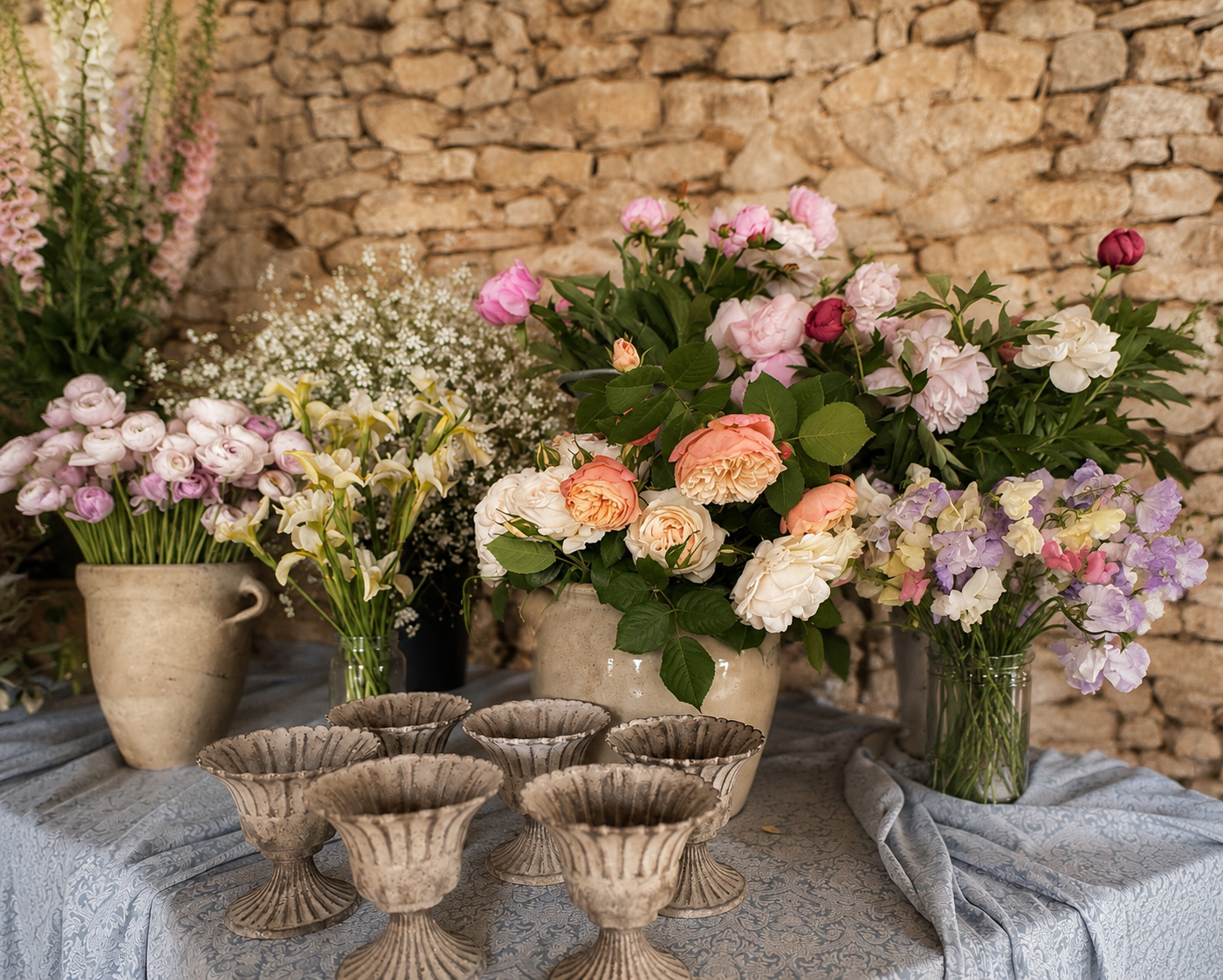 Arrangement of various colorful flowers, including pink, white, yellow, and purple, in different vases on a table with a light blue patterned tablecloth, against a backdrop of a stone wall.