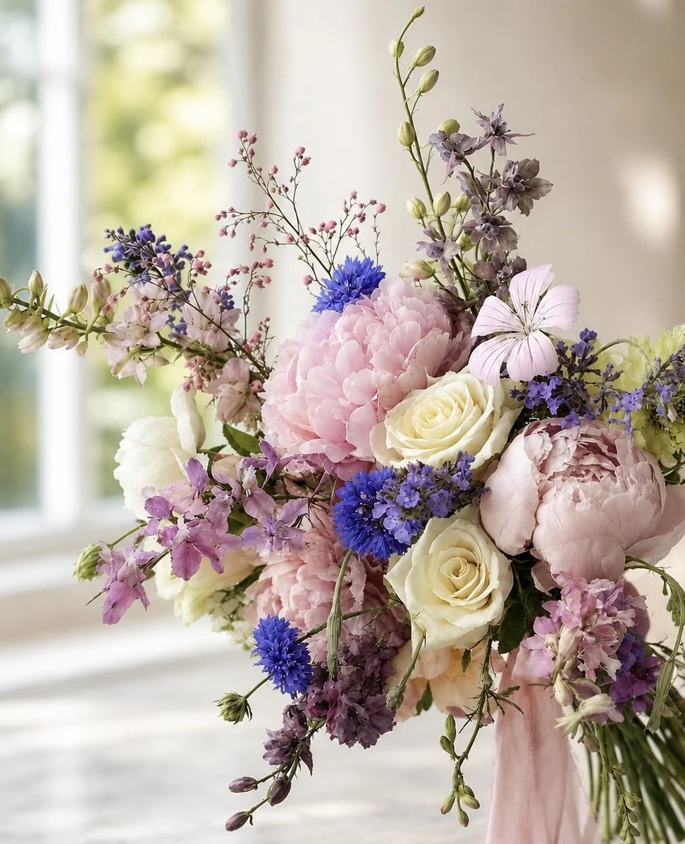 Elegant bouquet of pink, purple, blue, and white flowers on a table near a window.