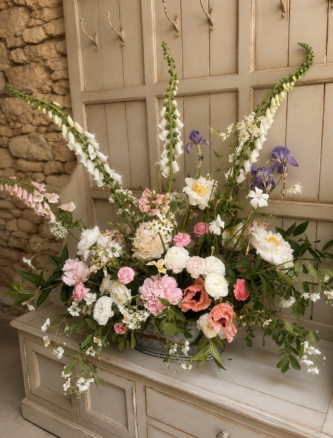 A large arrangement of various colorful flowers, including white, pink, and purple flowers, set in a vase on a rustic white furniture piece in front of a decorative wooden backdrop.