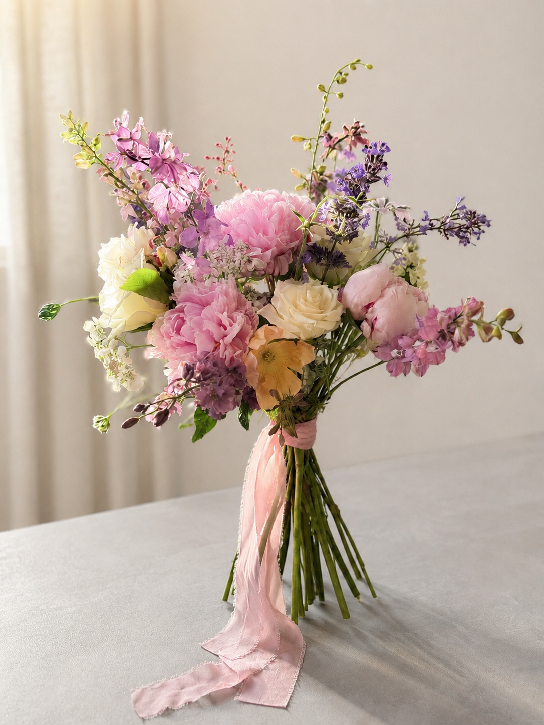 A bouquet of pink, white, purple, and cream flowers tied with a pink ribbon on a table.