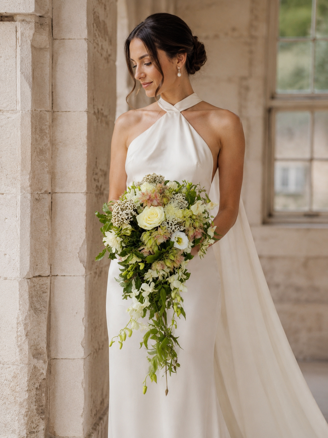 A bride  holding a trailing and cascading wedding bouquet of white and pink flowers, standing in a wedding venue in Sussex. Shower bouquet, jasmine vine, orchids, roses. Bespoke bouquets. Garden style. Seasonal flowers