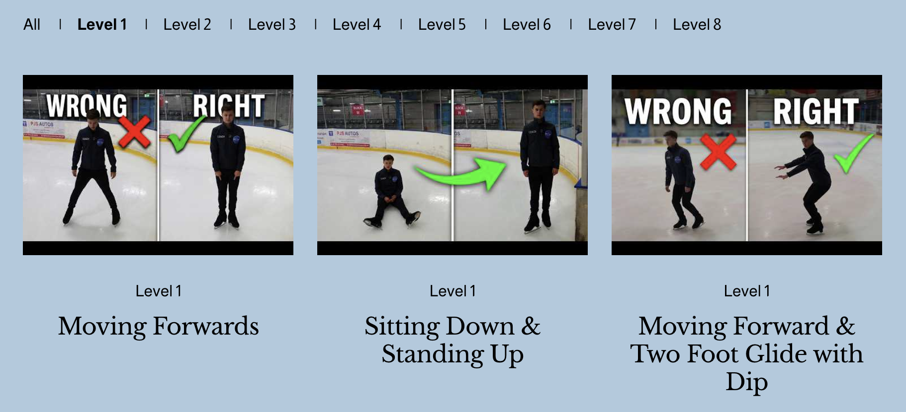 Three side-by-side instructional photos of a person on an ice rink demonstrating skating positions. The first photo shows moving forward with correct and incorrect posture, labeled 'Moving Forwards.' The second photo shows sitting down and standing up, labeled 'Sitting Down & Standing Up.' The third photo depicts moving forward and a two-foot glide with a dip, labeled 'Moving Forward & Two Foot Glide with Dip.' Each photo is marked with check marks or crosses indicating correct or incorrect techniques.