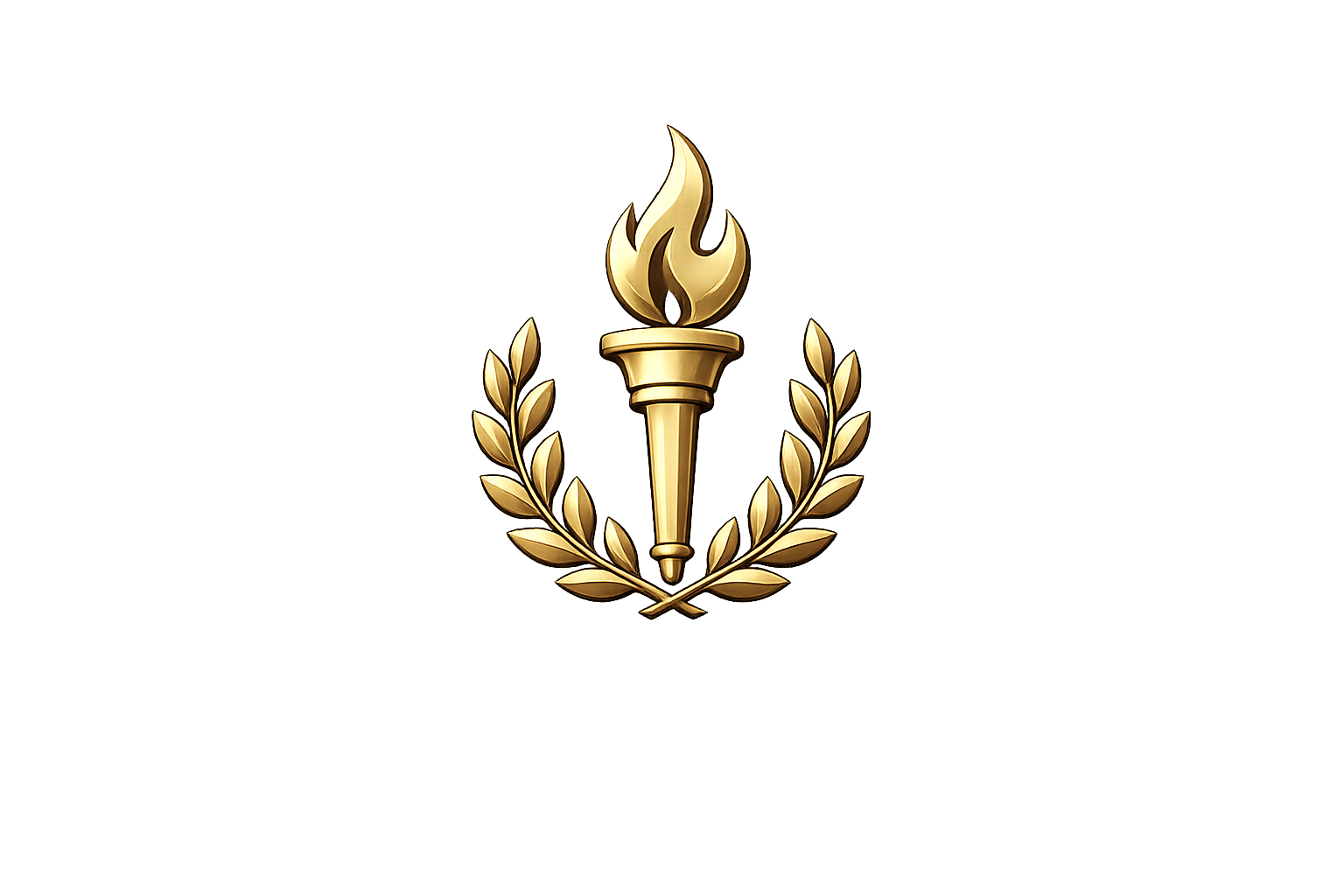 Gold torch with a flame, surrounded by a laurel wreath.