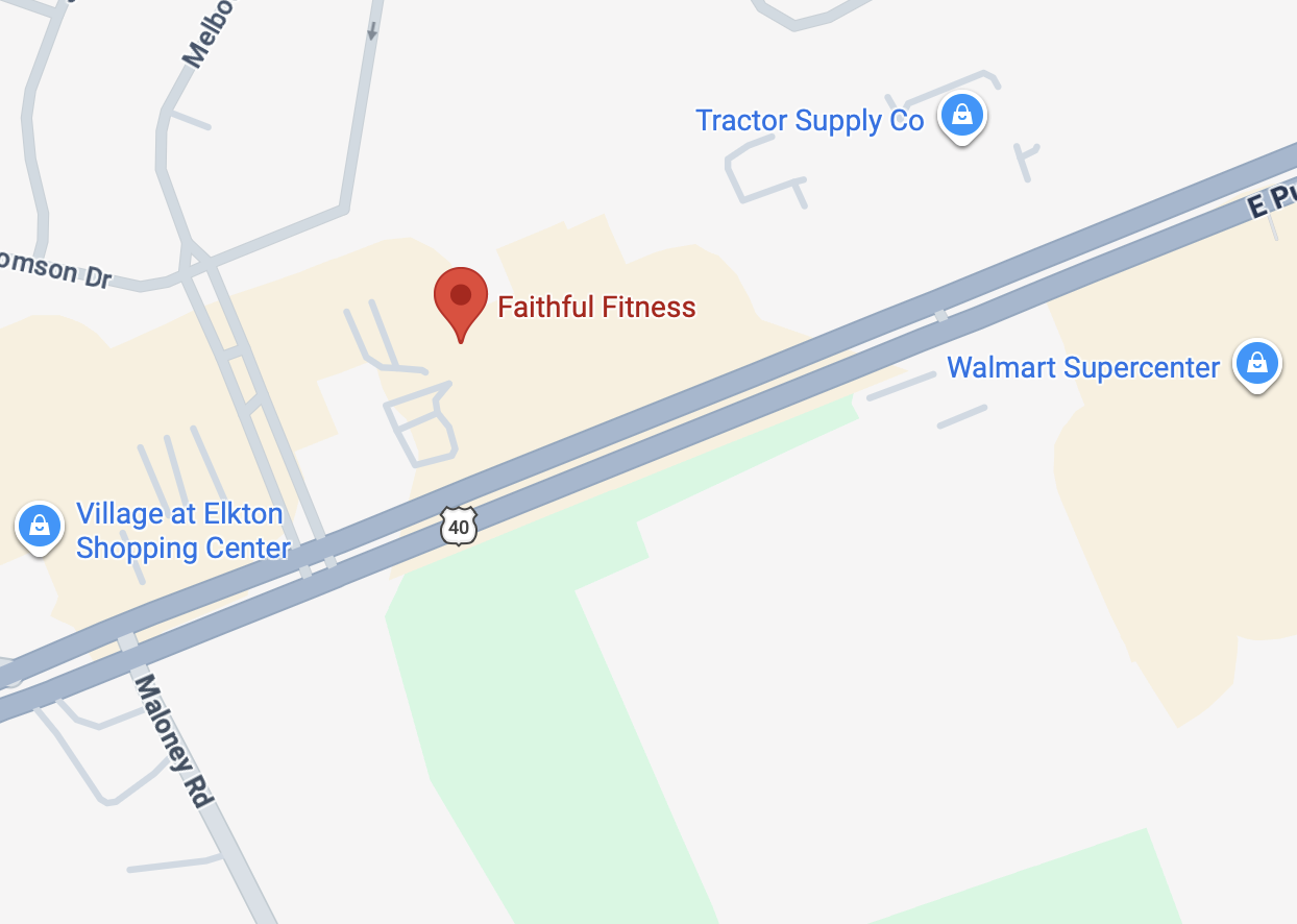 Map showing Faithful Fitness near Walmart Supercenter and Village at Elkton Shopping Center along Highway 40.