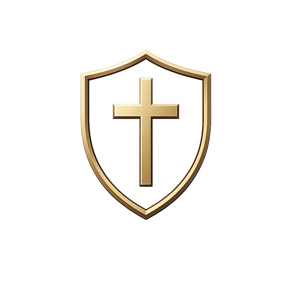 A shield with a gold border featuring a cross and colored sections in black, red, purple, and gold.