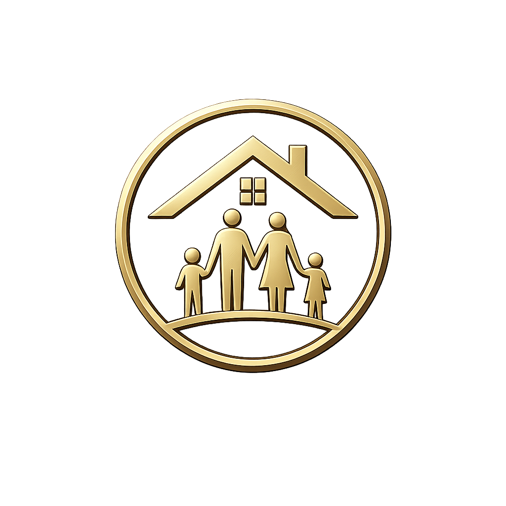 Gold emblem featuring a family of four holding hands inside a house outline, symbolizing family and a sense of community.