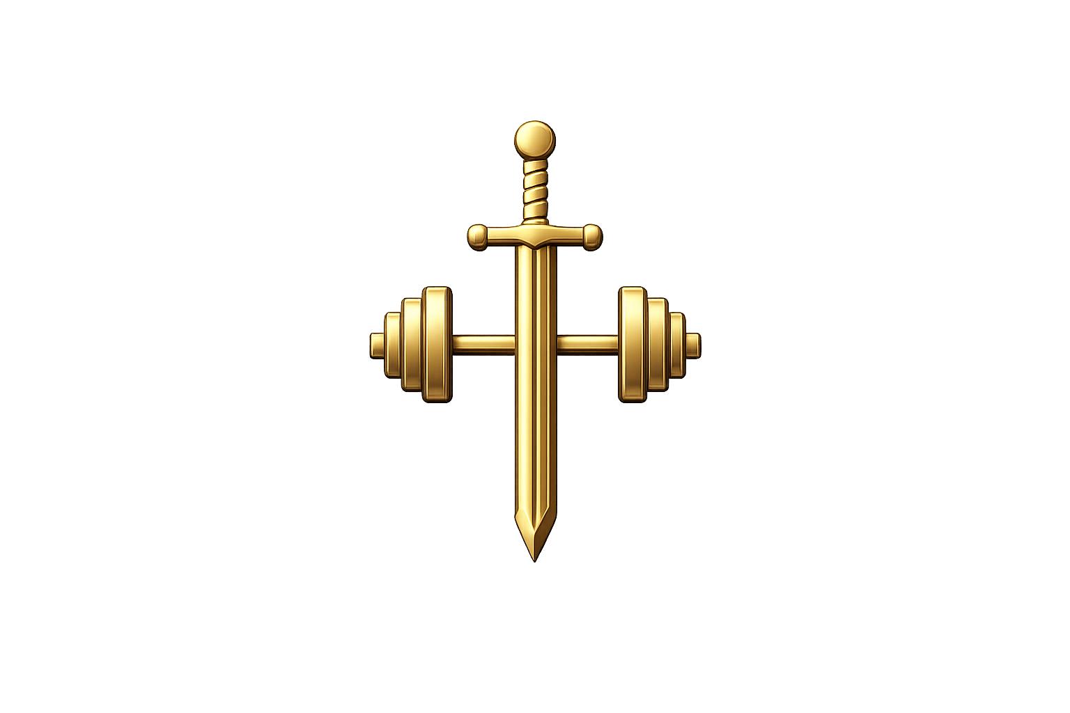 A golden sword and a barbell arranged in the shape of a cross, symbolizing strength and power.