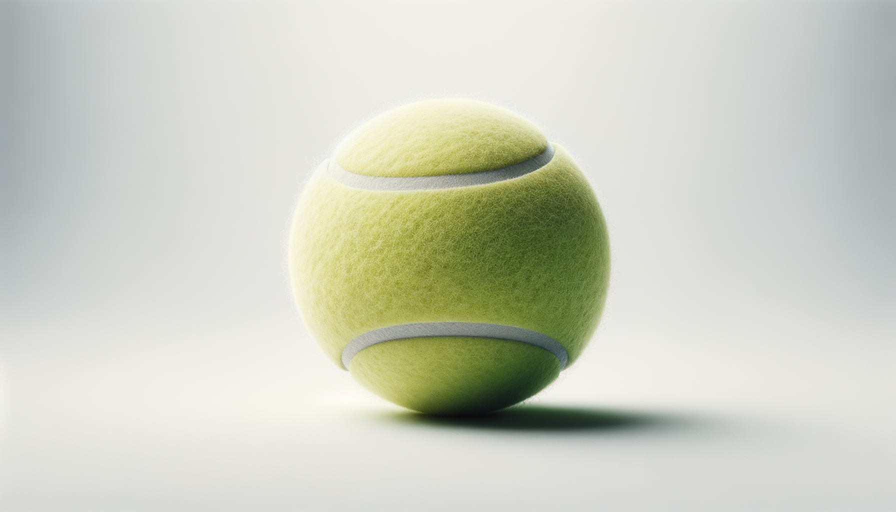 Close-up of a tennis ball with a fuzzy yellow-green surface and white curved lines, set against a plain light background.