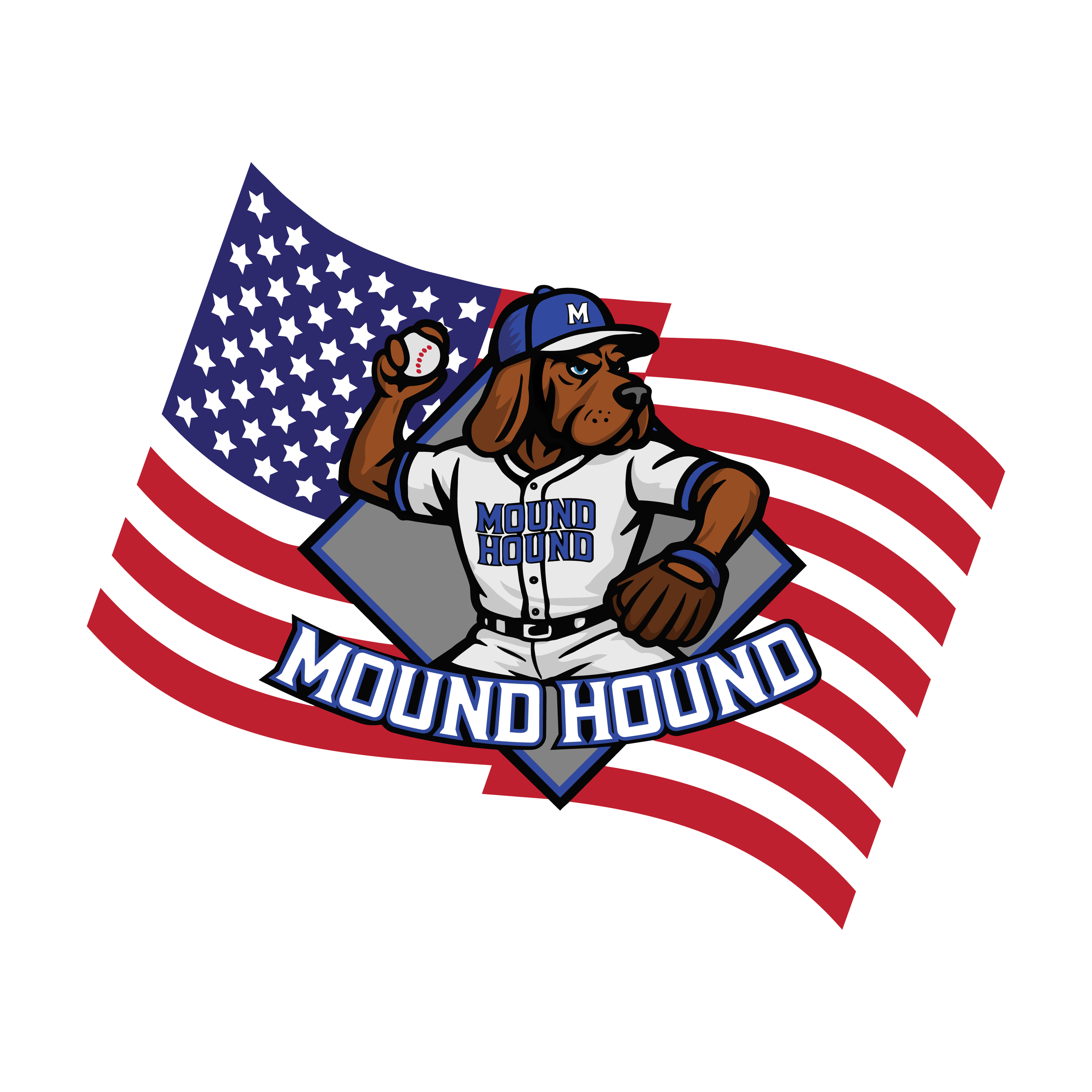 Illustration of a dog mascot wearing a baseball uniform, holding a baseball, with a background featuring an American flag and patriotic colors. The mascot's jersey reads 'Mound Hound'.