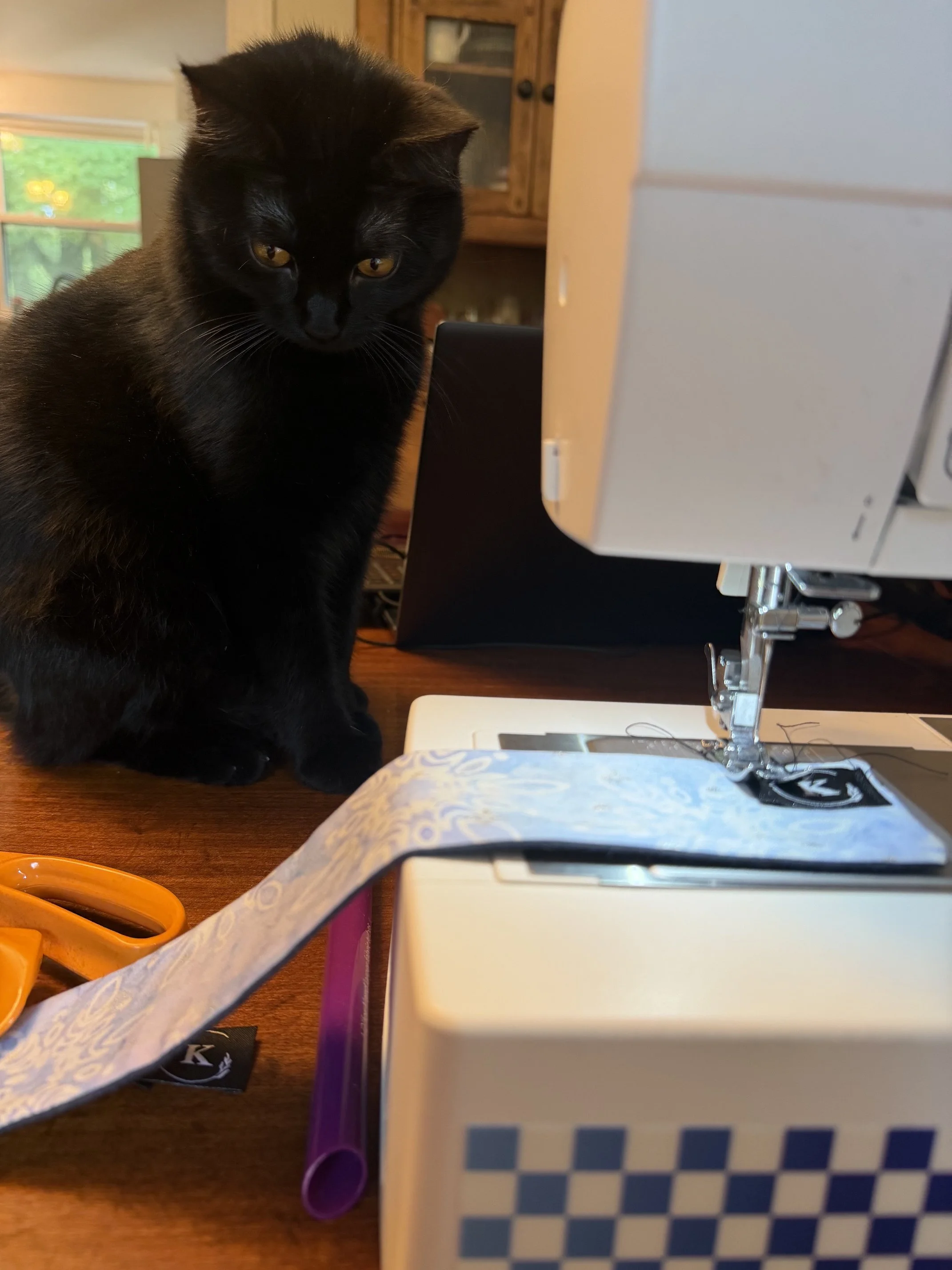 Black cat looking at a sewing machine on a wooden table, with scissors and fabric nearby.