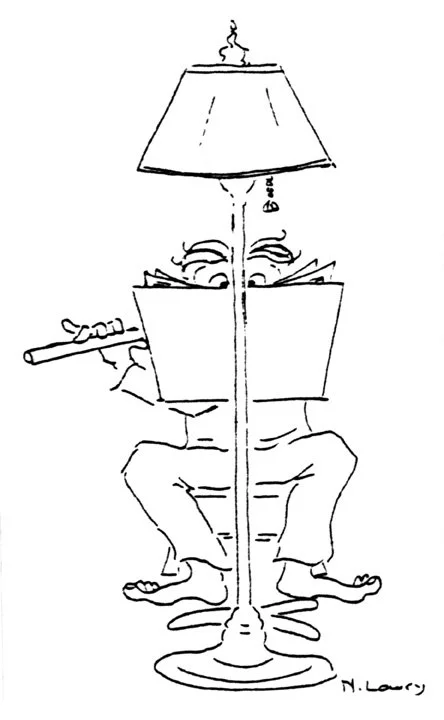 A humorous black-and-white line drawing of a person sitting on a stool with a lamp as their head, reading a book. The lampshade is on top of the person's head, and the person is holding a flute.