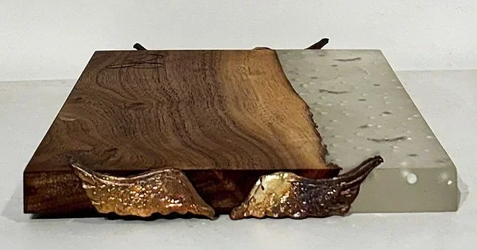 Eva Engel, Charcuterie Board, cast resin, bronze molded handles, beads, wood, 11"x7", 2024
