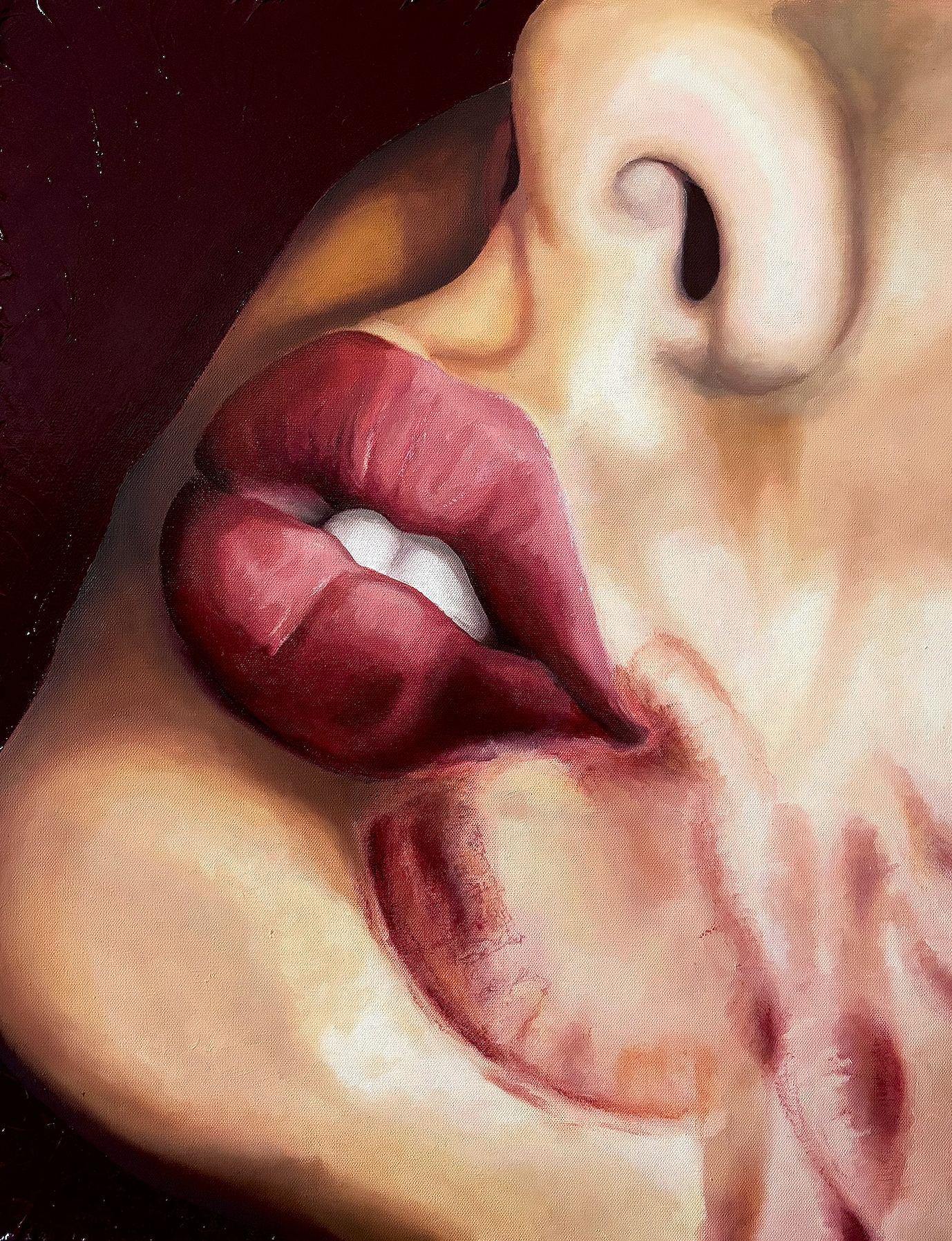Eva Engel, It’s Not For You, Lipstick Impression Edition, oil paint, molding paste & heavy dammar medium, 28”x 22”, 2025