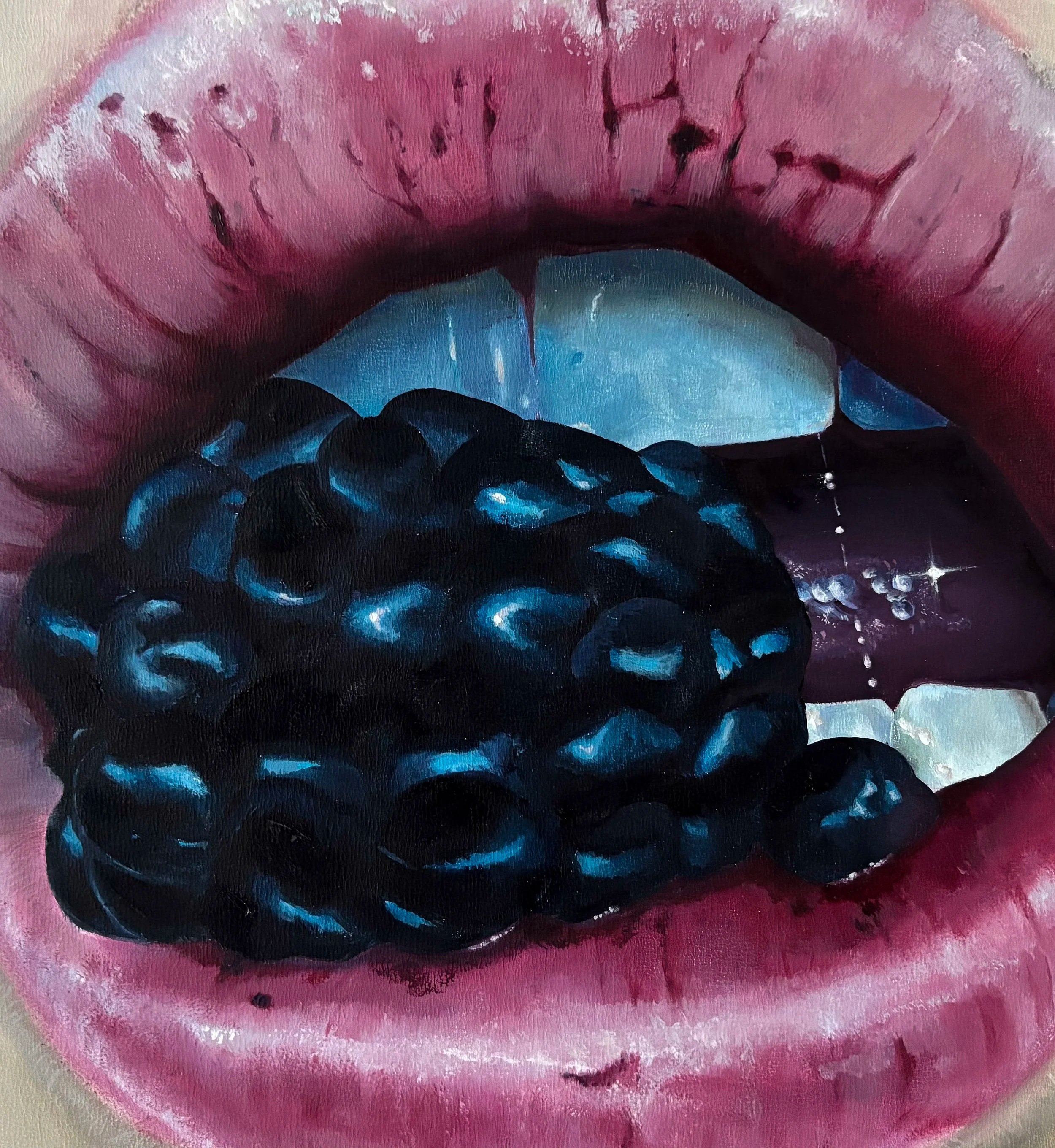Eva Engel, Up close of Just A Bite, oil paint, 18”x 24”, 2025