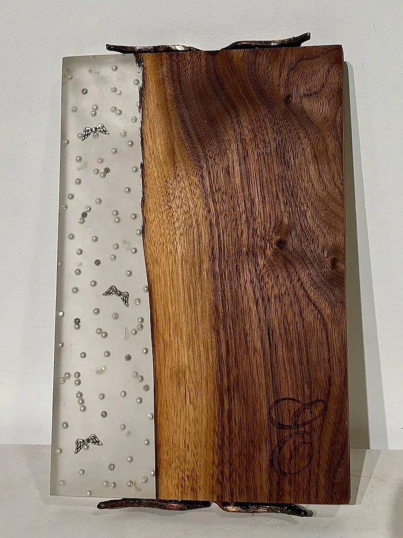 Eva Engel, Charcuterie Board, cast resin, bronze molded handles, beads, wood, 11"x7", 2024