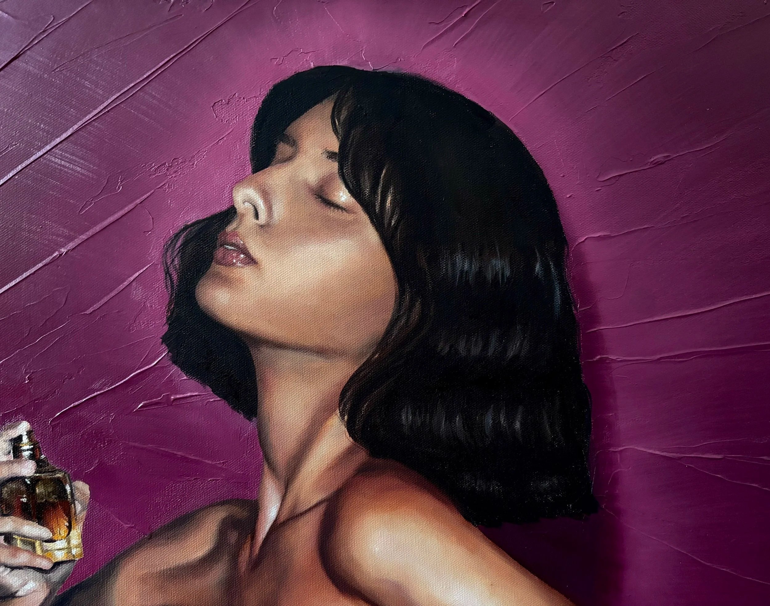 Eva Engel, Close up of It’s Not For You, Perfume Edition, oil paint, molding paste & canvas infused with Burberry Goddess perfume, 22”x 28”, 2025