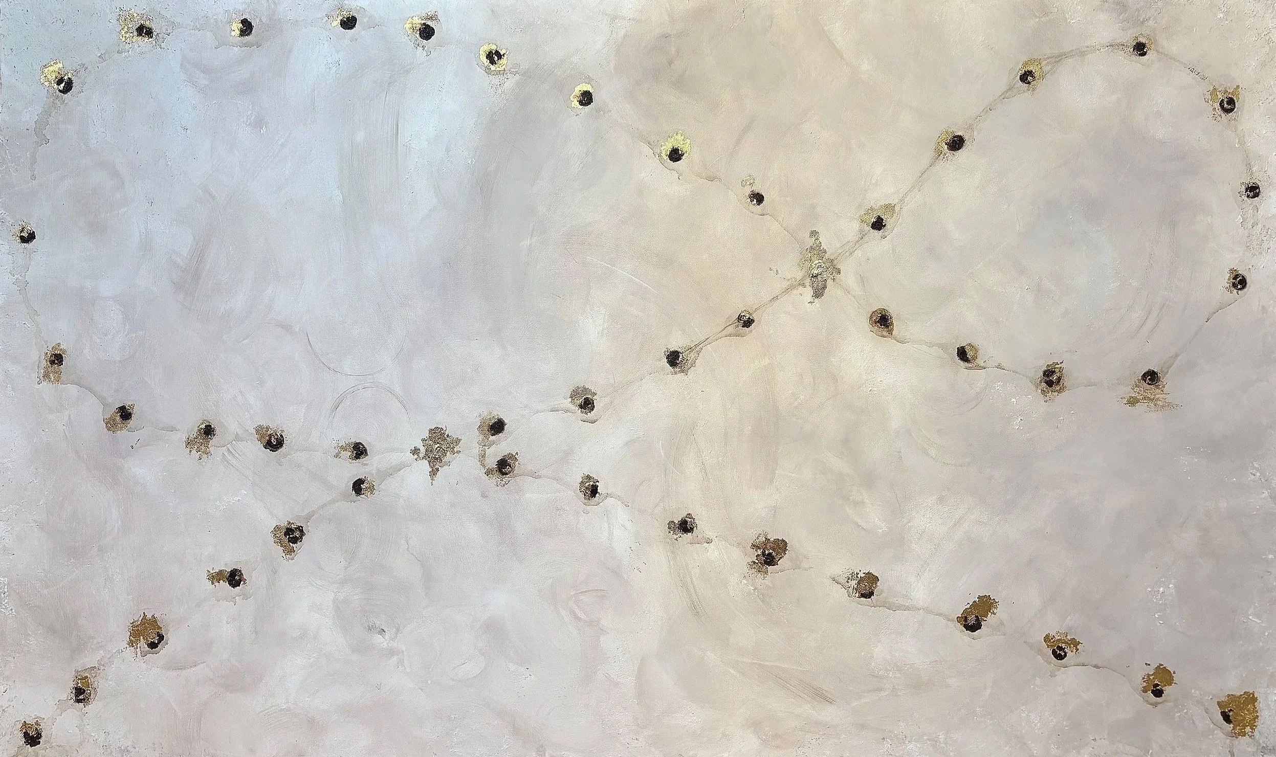 Eva Engel, &, molding paste, acrylic paint, gold leaf, 30" x 60", 2026