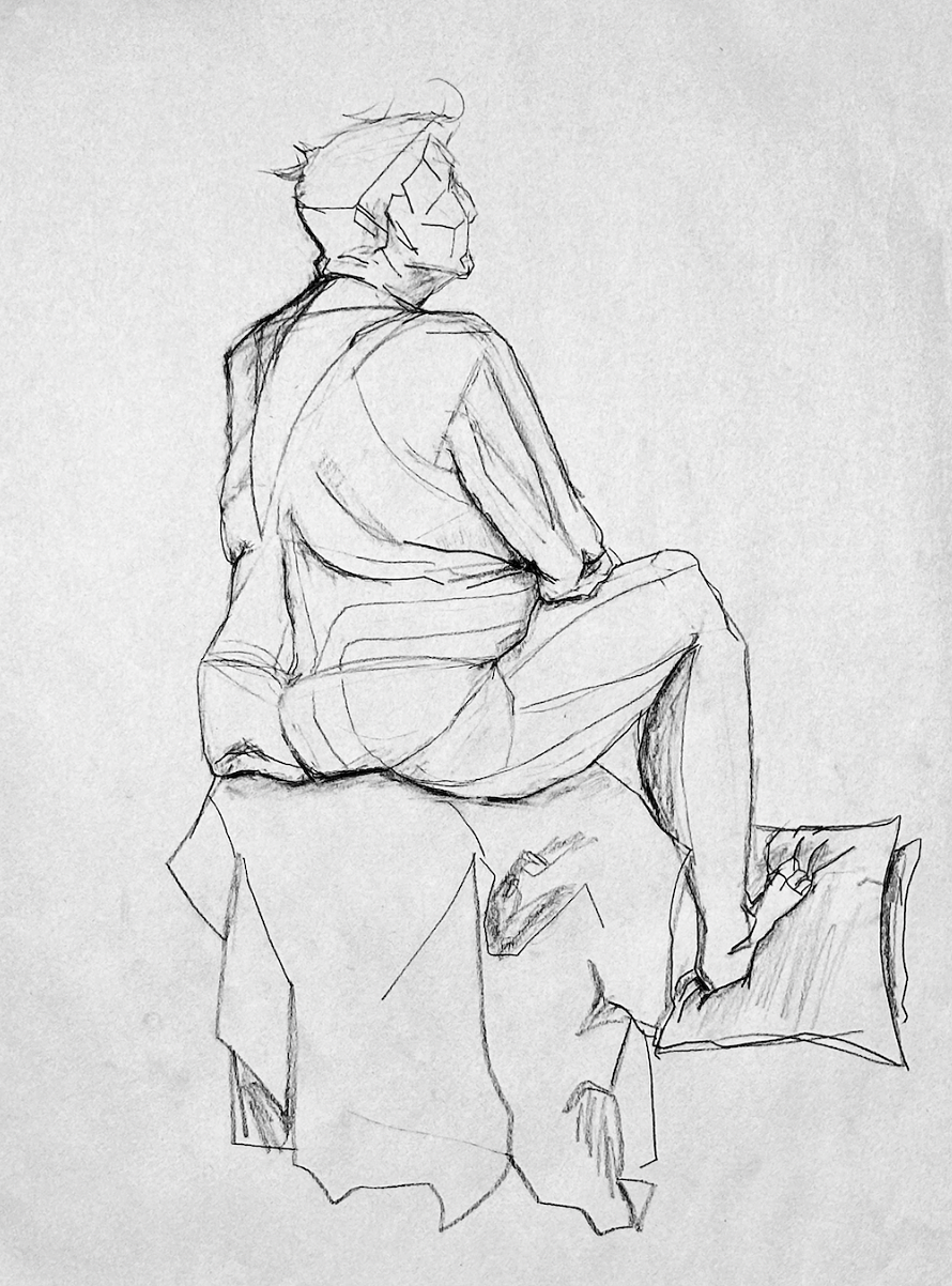Eva Engel, Timed Geometric Construction
of male model, charcoal on paper, 18" x 24", 2025
