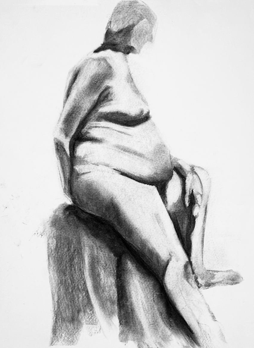 Eva Engel, Timed Anatomy & Value
of male model, charcoal on paper, 18" x 24", 2025