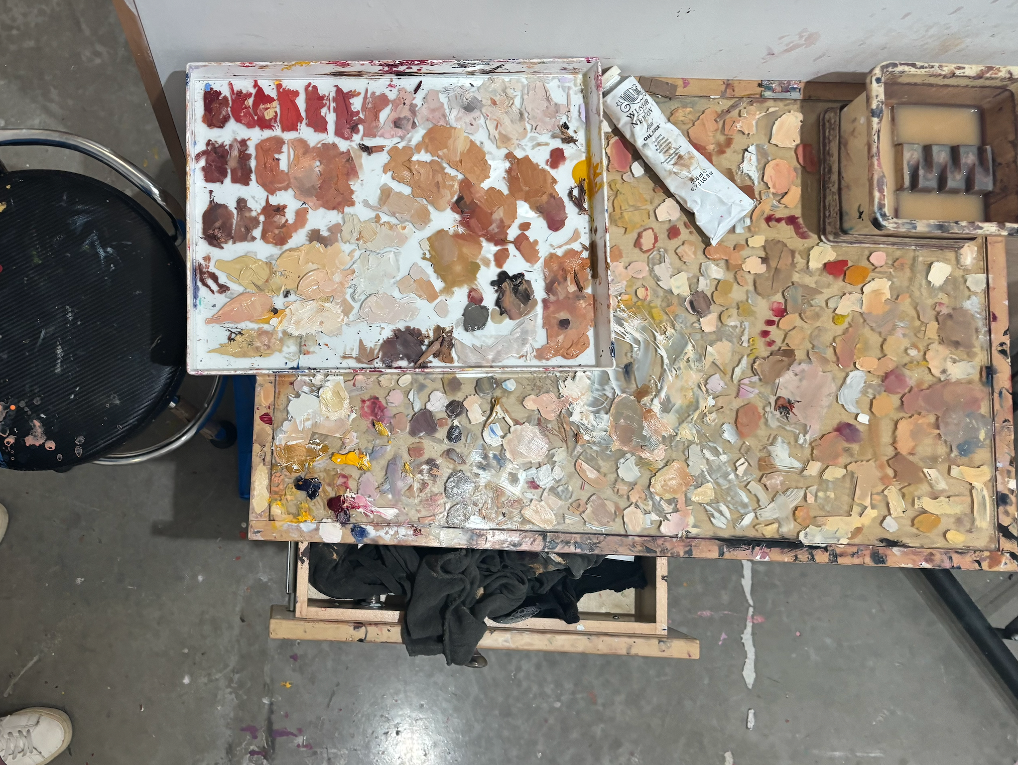 Self Portrait, palette in painting studio, 2026