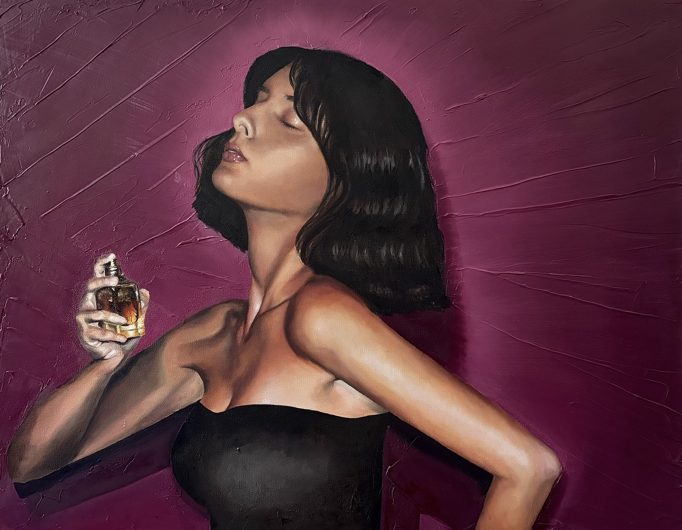 Eva Engel, It’s Not For You, Perfume Edition, oil paint, molding paste & canvas infused with Burberry Goddess perfume, 22”x 28”, 2025
