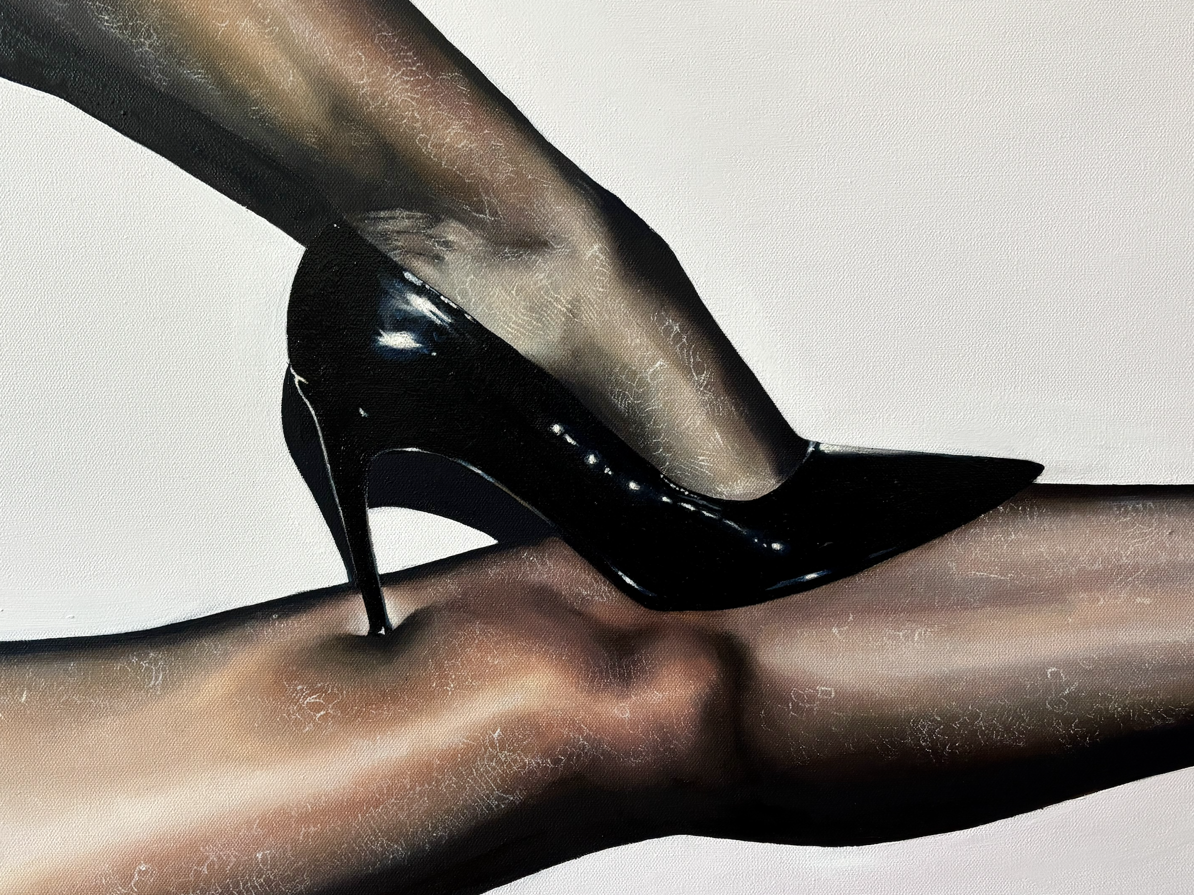 Eva Engel, Up close of It’s Not For You, Heel Edition, oil paint & heavy dammar medium, 24”x 36”, 2025