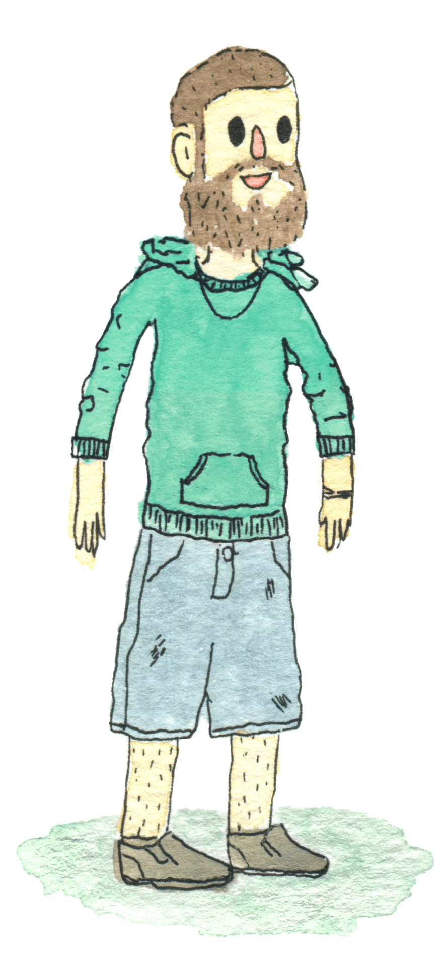 A watercolor illustration of a man standing outdoors, wearing a teal hoodie with a front pocket, gray shorts, and brown shoes, with short hair and a beard.