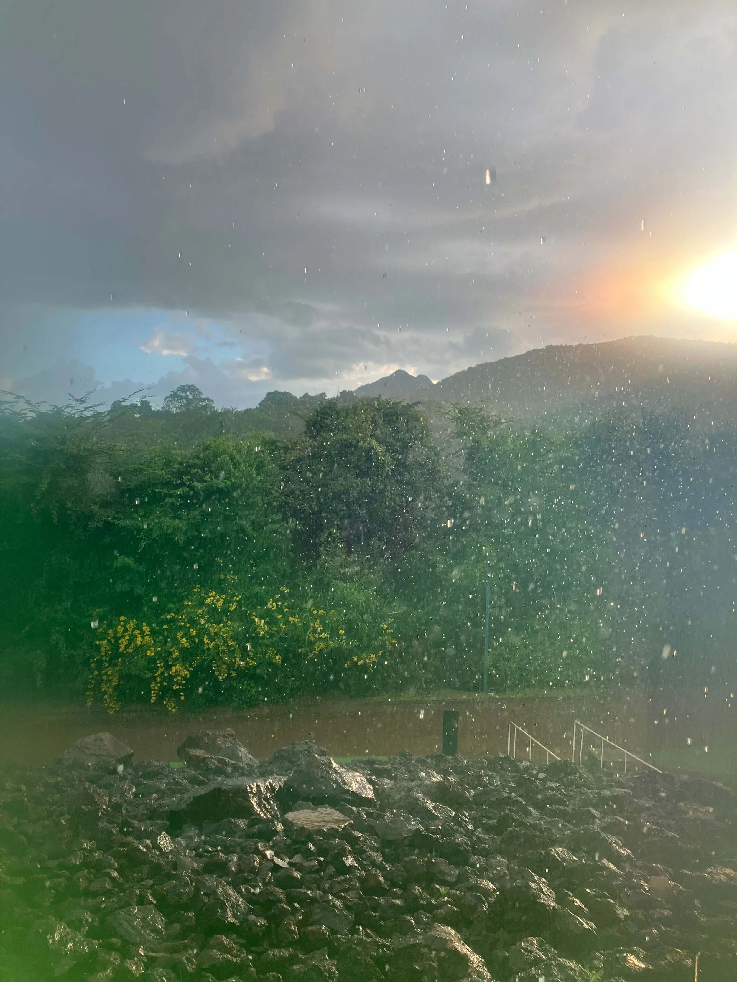 View of a natural landscape with dark cloudy sky, rocks in the foreground, and lush green trees and hills in the background, with sunlight breaking through the clouds.