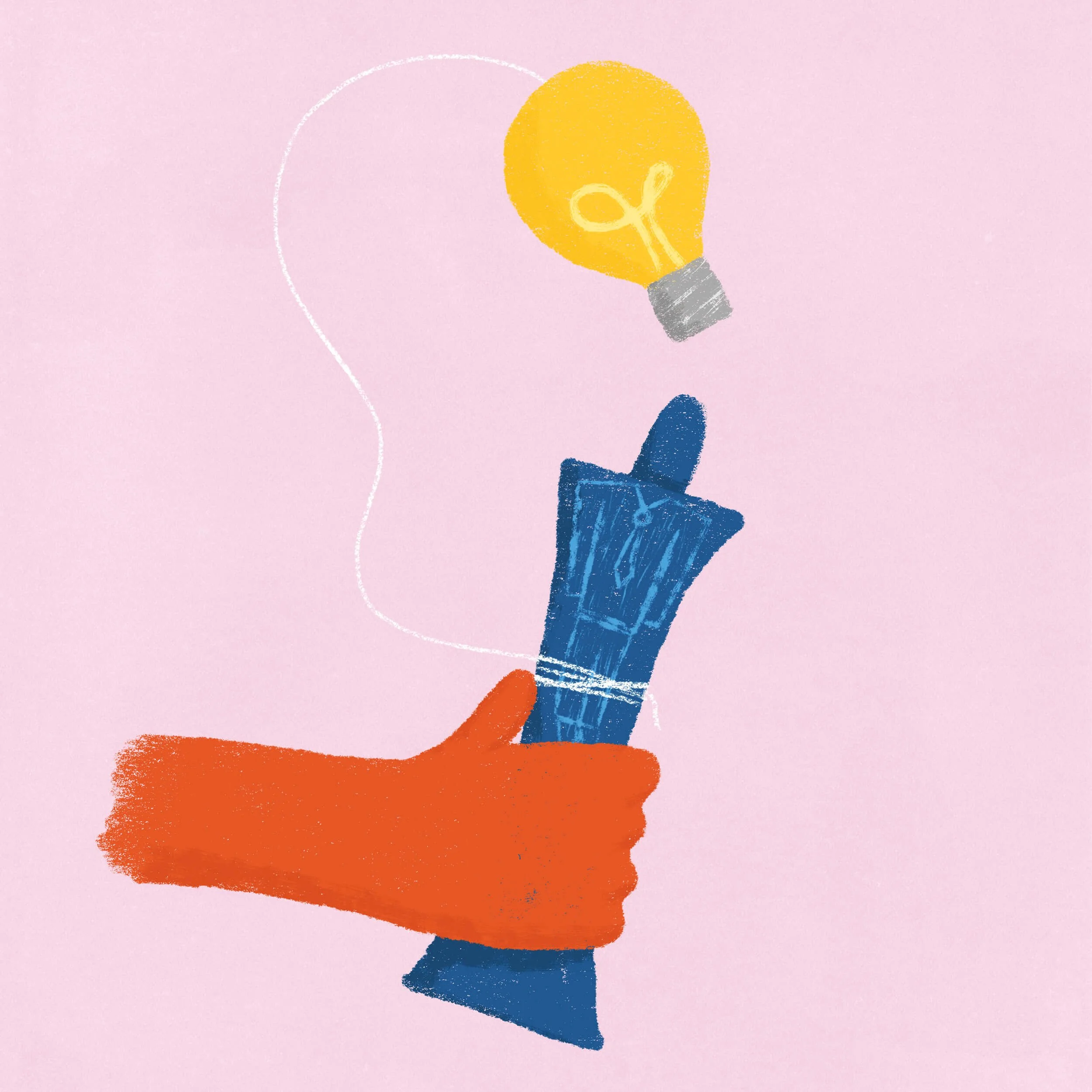 Illustration of a human head outline made with colorful shapes and lines, on a pink background.