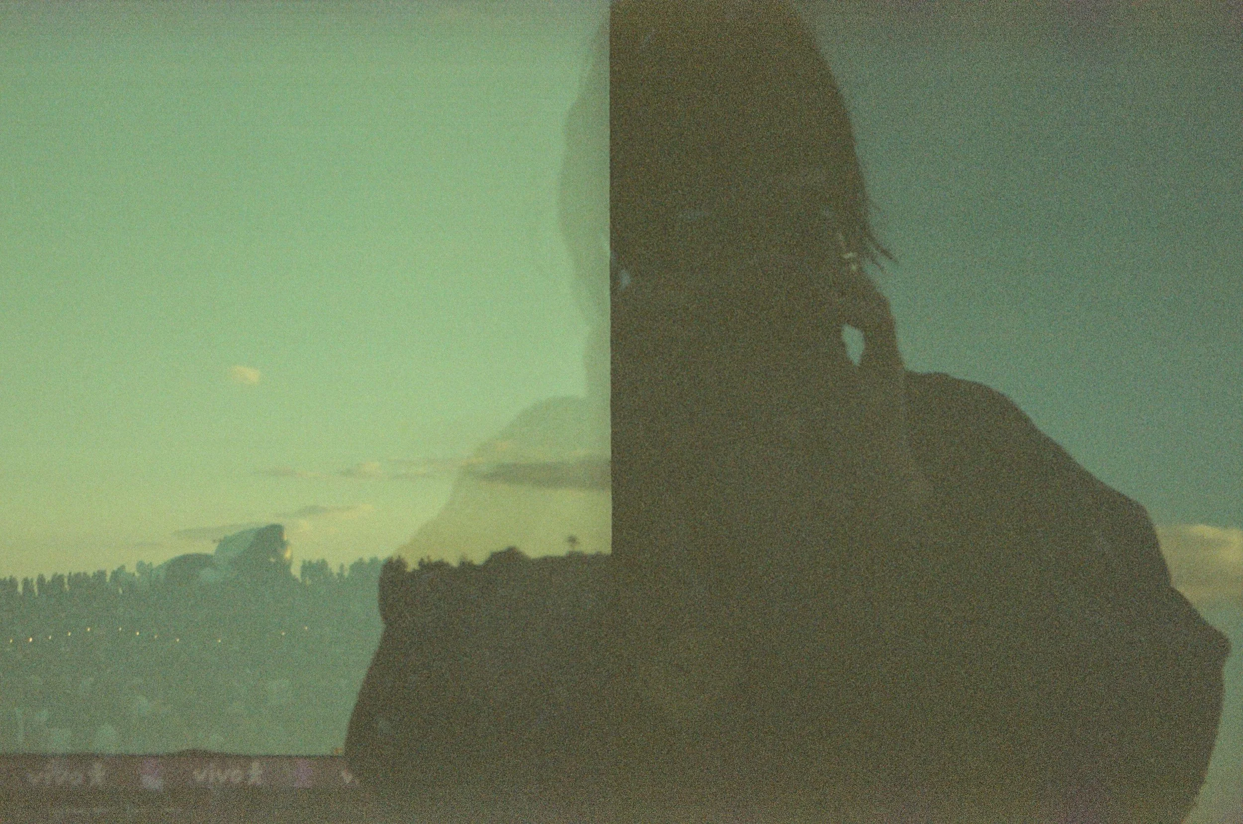 Silhouette of a person with dreadlocks standing outdoors during sunset or sunrise, with a partly cloudy sky and trees in the background.