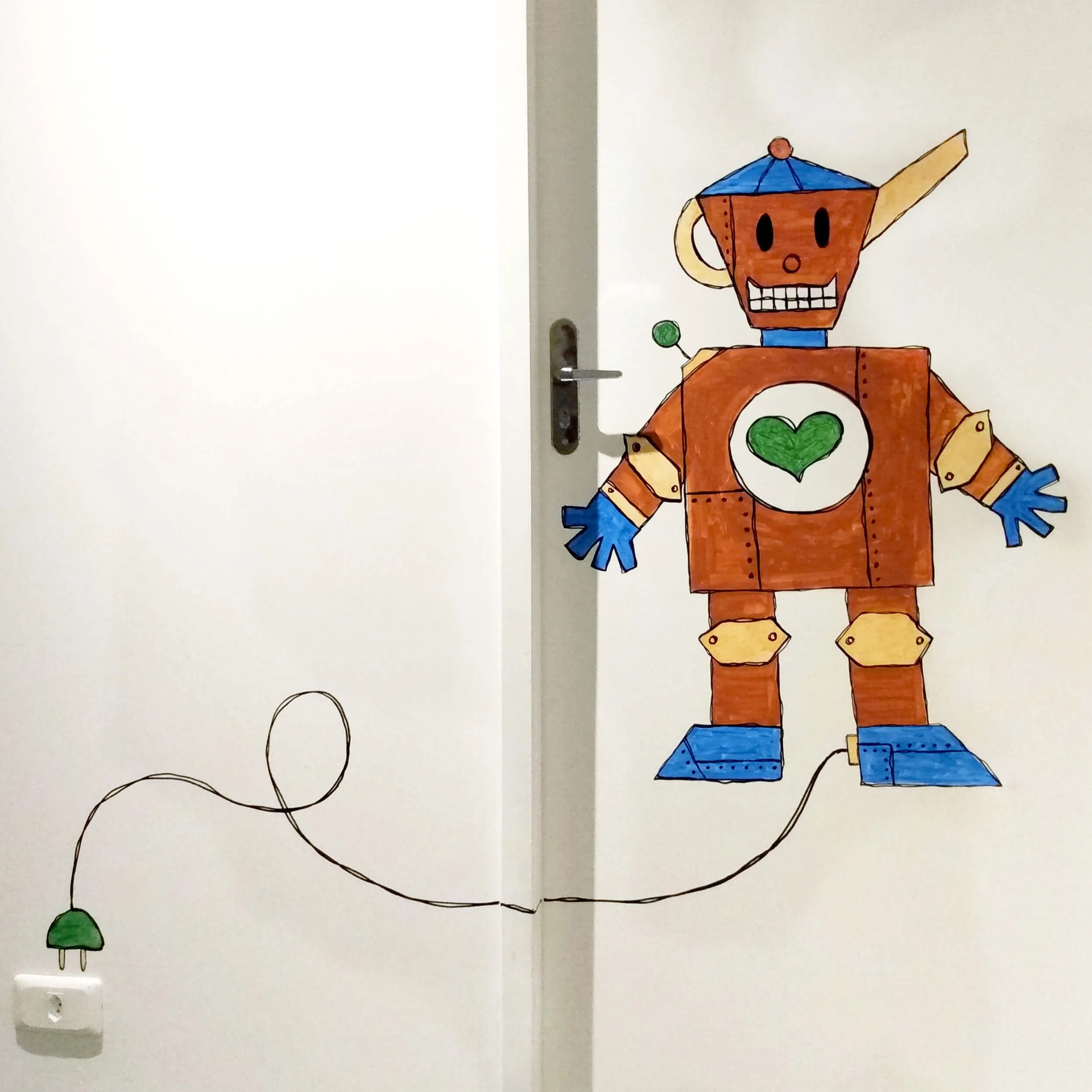 A colored drawing of a robot with a brown body, blue gloves, blue shoes, and a blue hat with a red ball on top. The robot has a body mixed with simple metal objects like a coffee jar.