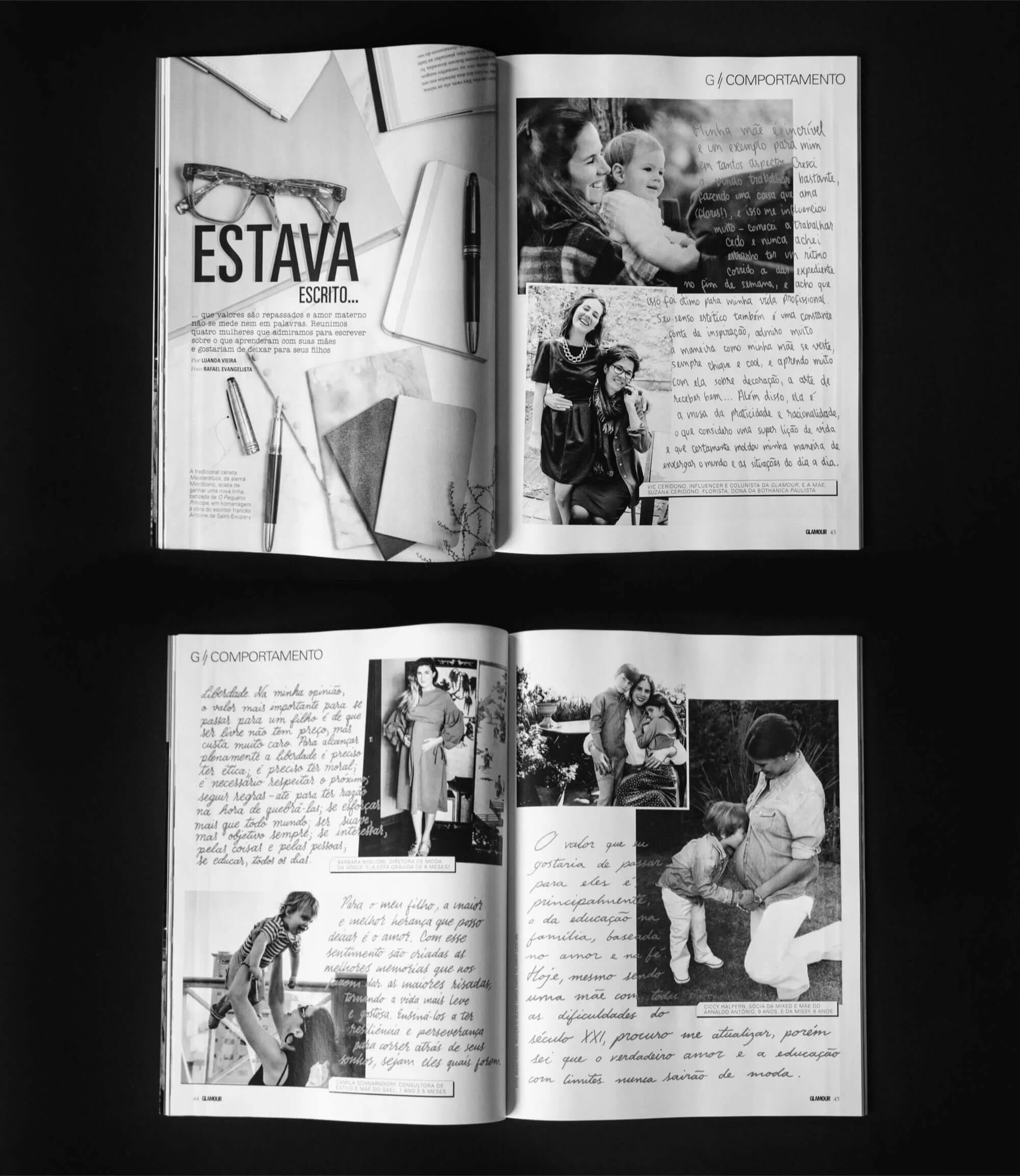 Open magazine spread featuring black-and-white photographs of women and children, with handwritten and printed text in Portuguese covering pages, surrounded by study items including glasses, pens, notebooks, and papers.