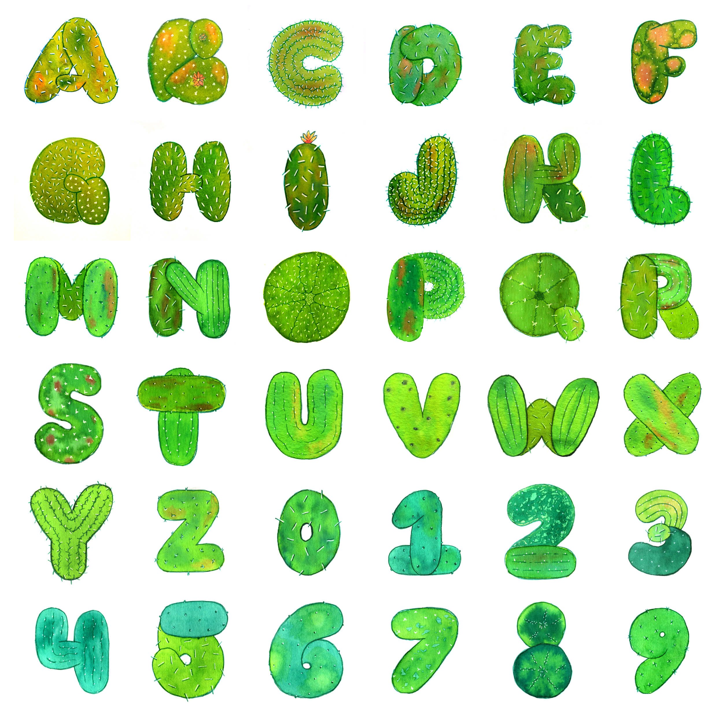 Colorful illustration of the words 'Accent Cactus Style' spelled out with letters designed to look like various green cacti and succulents, some with orange and pink accents, on a white background.