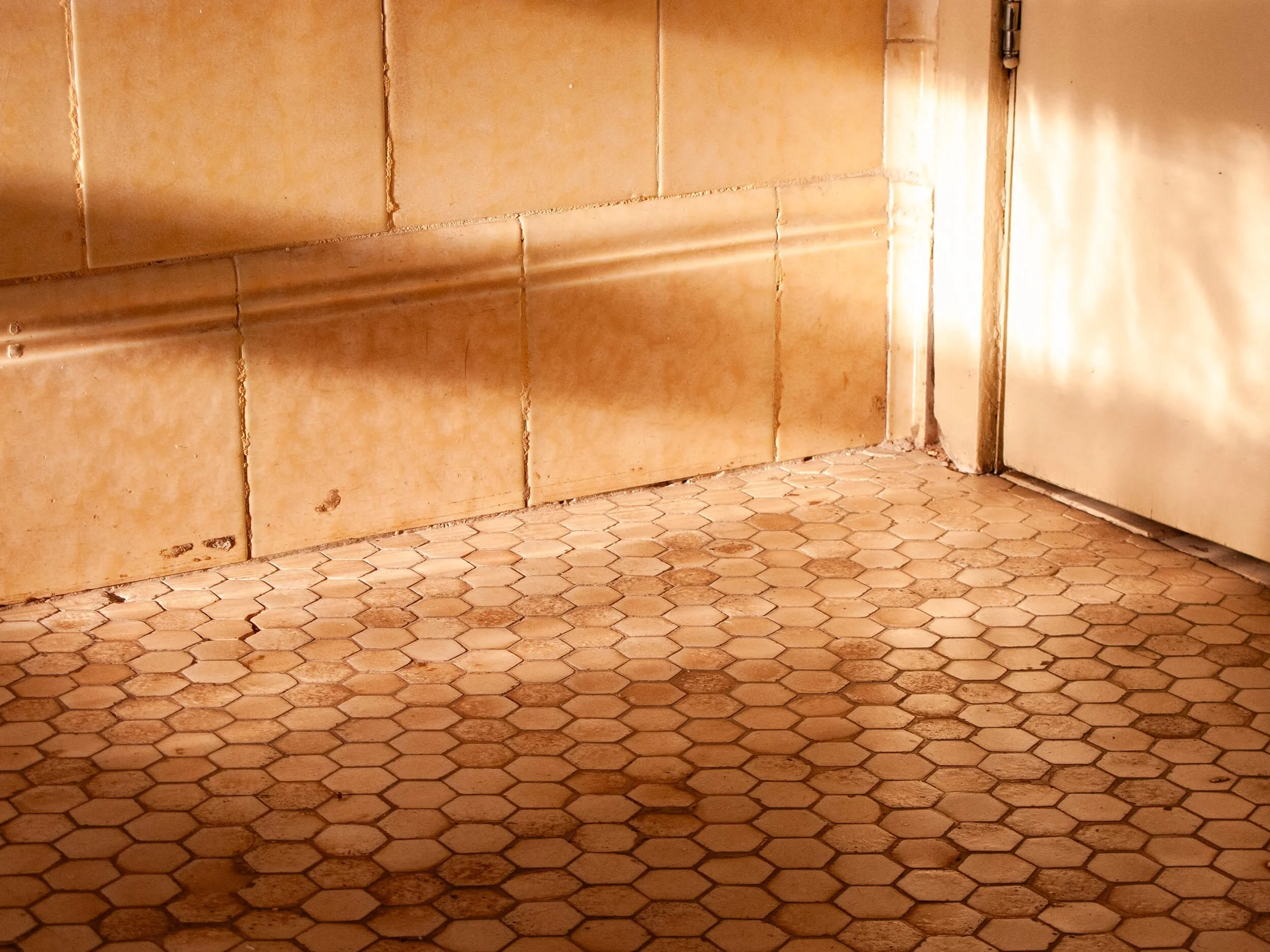 Close-up of a wall with beige tiles and a honeycomb-patterned tile floor.