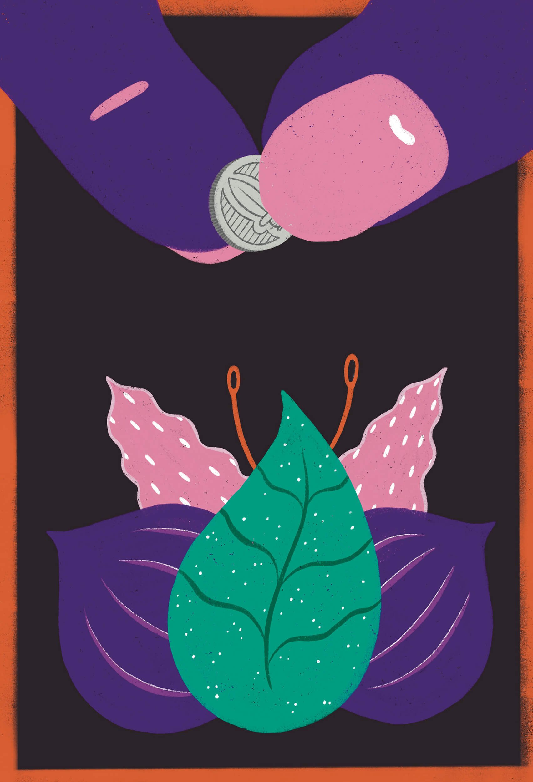 Digital illustration of a plant with green, pink and purple leaves, and a hand dropping a coin to it, on a dark background with an orange border.