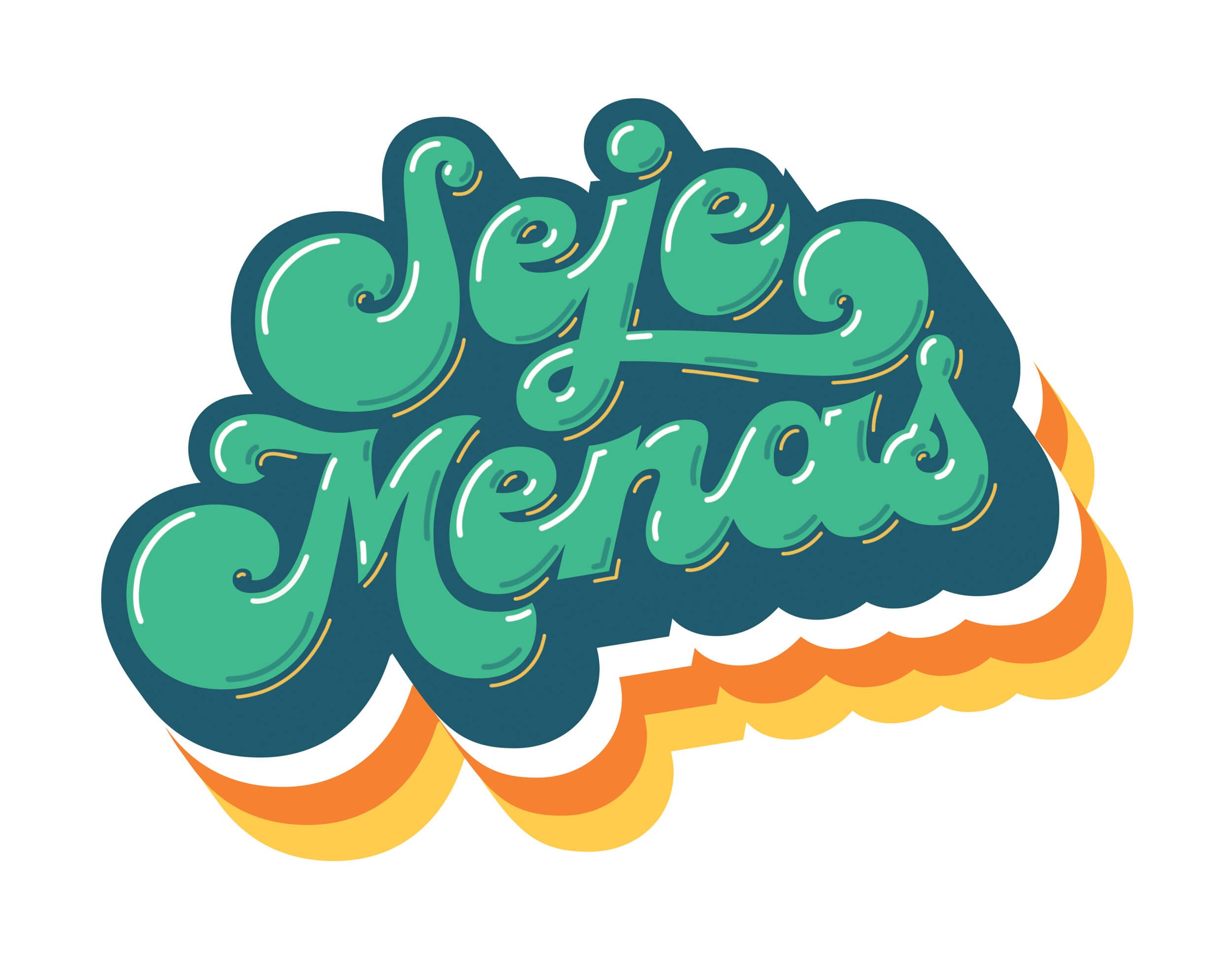 Colorful text with words 'seje' and 'menas'