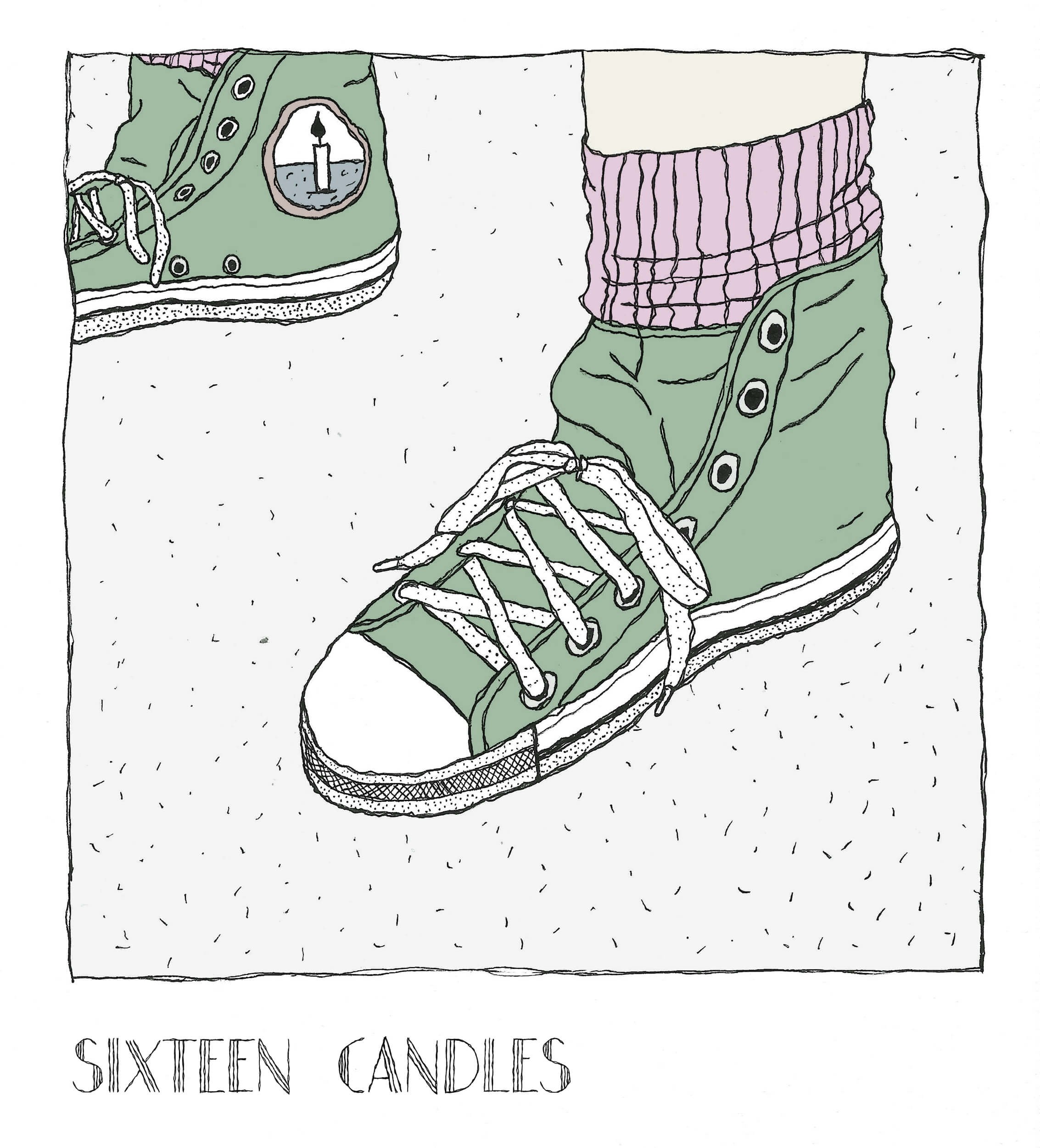 Hand-drawn illustration of a pair of green sneakers with purple checkered sock and a candle resting inside the shoe. Text reads 'Sixteen Candles', relating the illustration to the 1984 movie with the same name, directed by John Hughes.