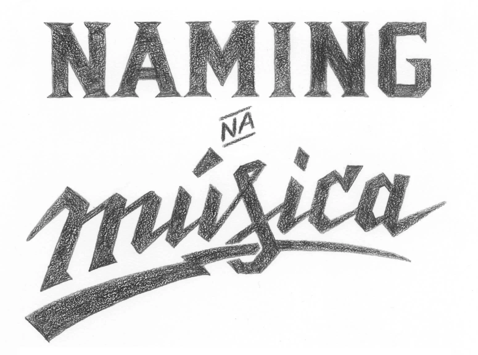 The word 'NAMING' in large, textured capital letters with a 3D effect, and the phrase 'NA MUXISO' written upside down below it with a textured, stylized font.