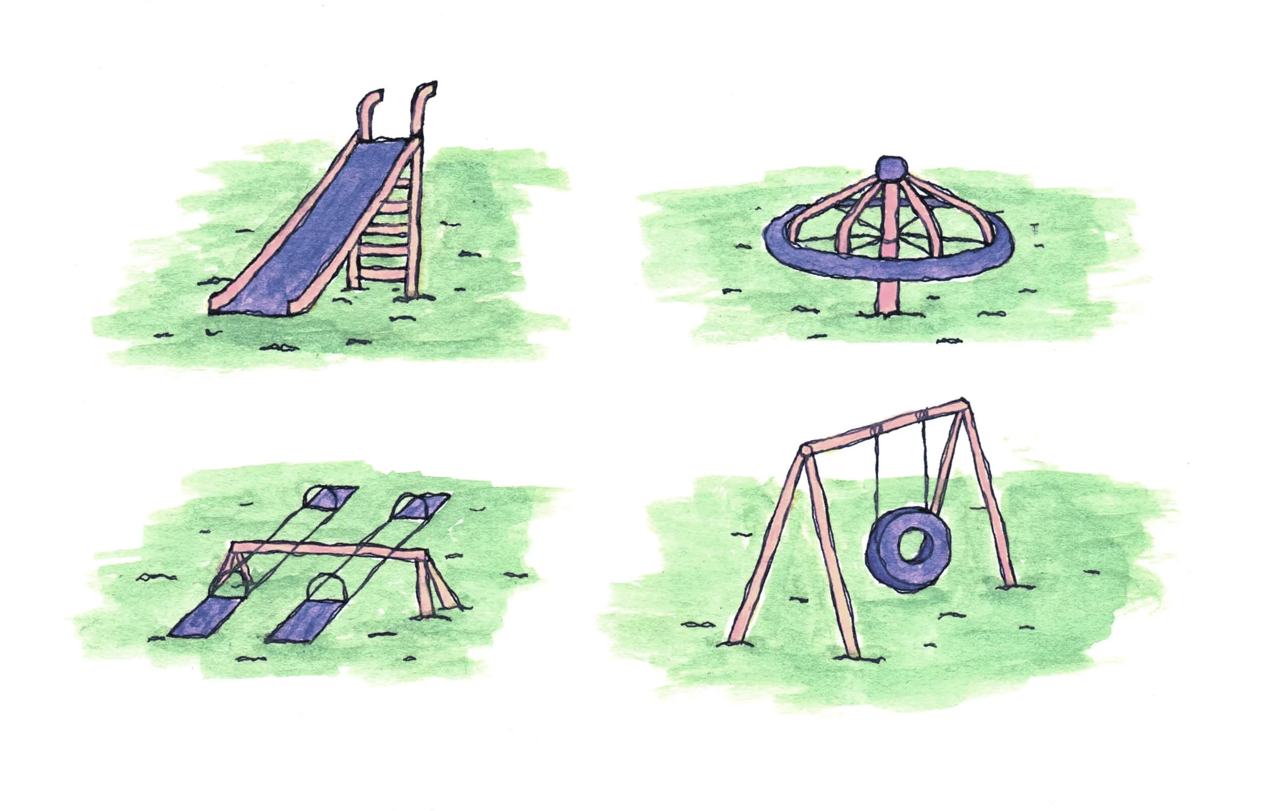 Watercolor illustration of a playground with slides, merry-go-round, swings, and climbing structures on grassy ground.