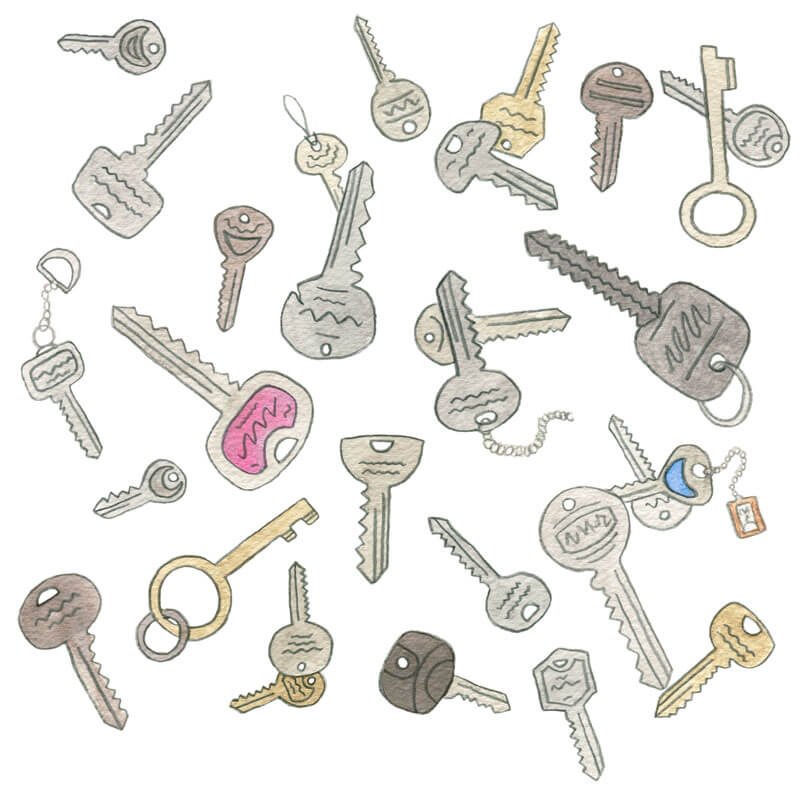 Illustration of various keys in different shapes and sizes scattered across the image.
