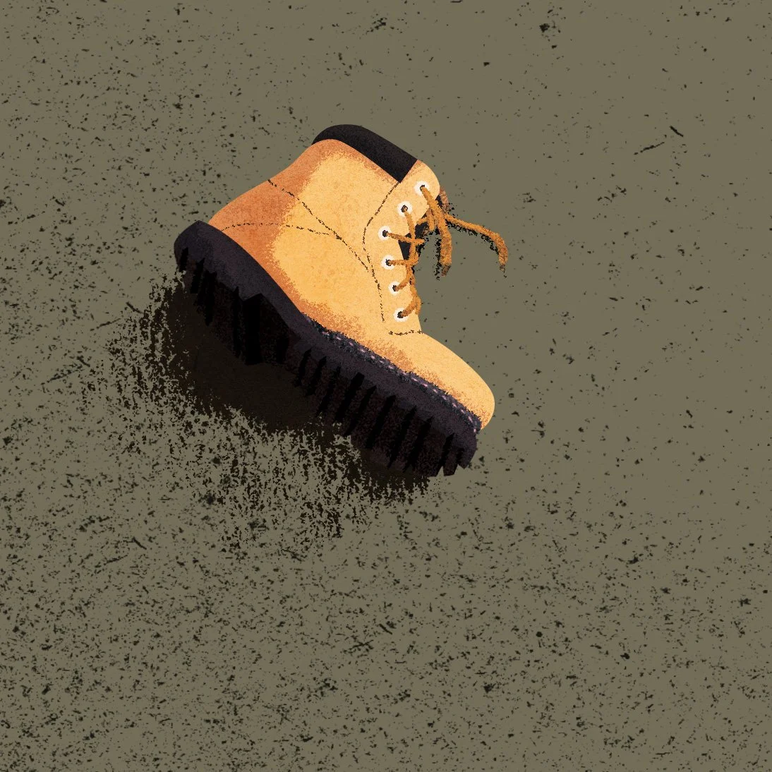 Illustration of a tan work boot with black sole and black collar, lying on a speckled green floor.